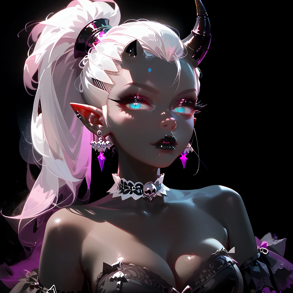 score_9, score_8_up, score_7_up, ((Masterpiece)), ((highres)), ((1girl, solo)), Random poses, beautifully detailed succubus girl, ((white mohawk w/ponytail)), defined elf ears with ear guages, defined eyes, pastel iris, long eye lashes, defined nose, black lipstick, curvy, (((Black skin))), black demon horns, breasts, night sky, pastel gothic style, gothic style art, gothic asthetic, (((black background))), bust shot
