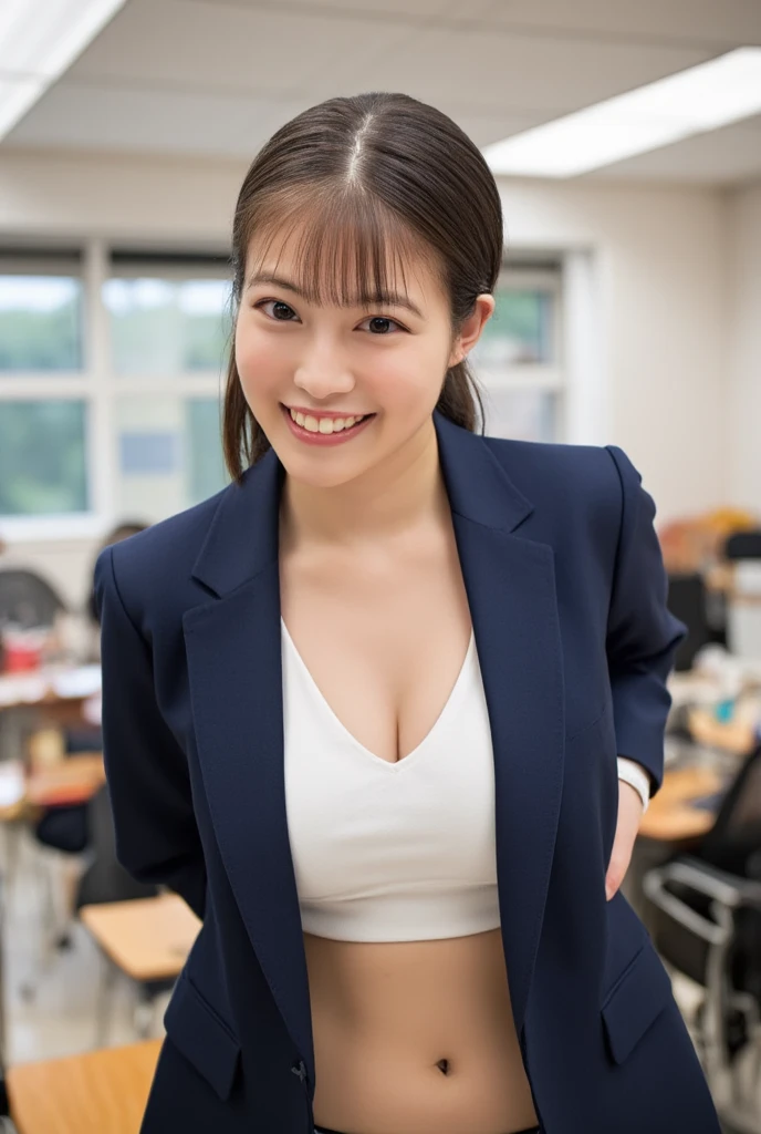 (((((High school girl、Student Uniform)))))、smile、,upper body,School classroom、My Imada、Big Breasts、Lifting her clothes to show her nipples、 viewers are delighted to see their nipples