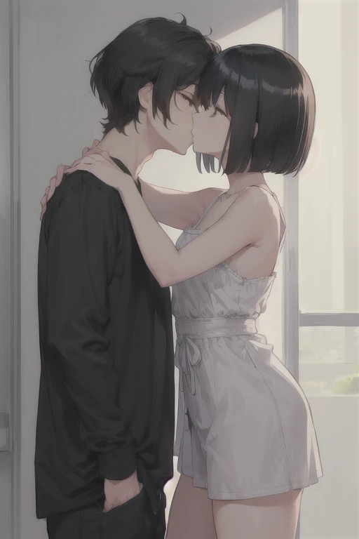  boy dressed in black( short hair to be shoulderedー, black hair)Girl standing ( black hair, short hair to be shouldered, bob hair)Kiss, Anime