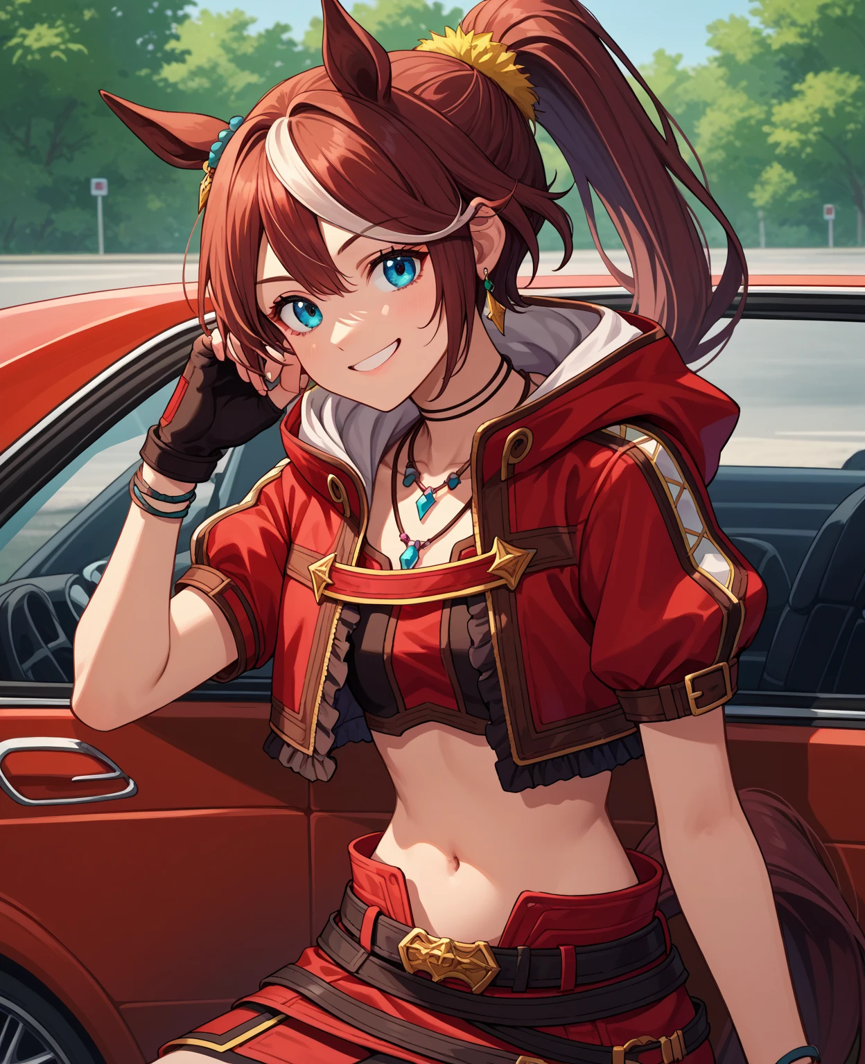  score_9,  score_8_up,  score_7_up,  source_Anime, Alone,  1 girl, Tokai Horizon sitting in a car , Horse's Tail, smile,  is watching you, sitting on car,  long hair,  high ponytail,  animal ears , earrings,  close one eye,  Red Jacket ,  cropped jacket,  hooded jacket ,  opens jacket , Puffy Short Sleeve ,  Black Gloves , Fingerless gloves,  red skirt ,   miniskirt, belt,  Necklaces , abdomen, belly button, Outdoor, Ground vehicles, Red car
