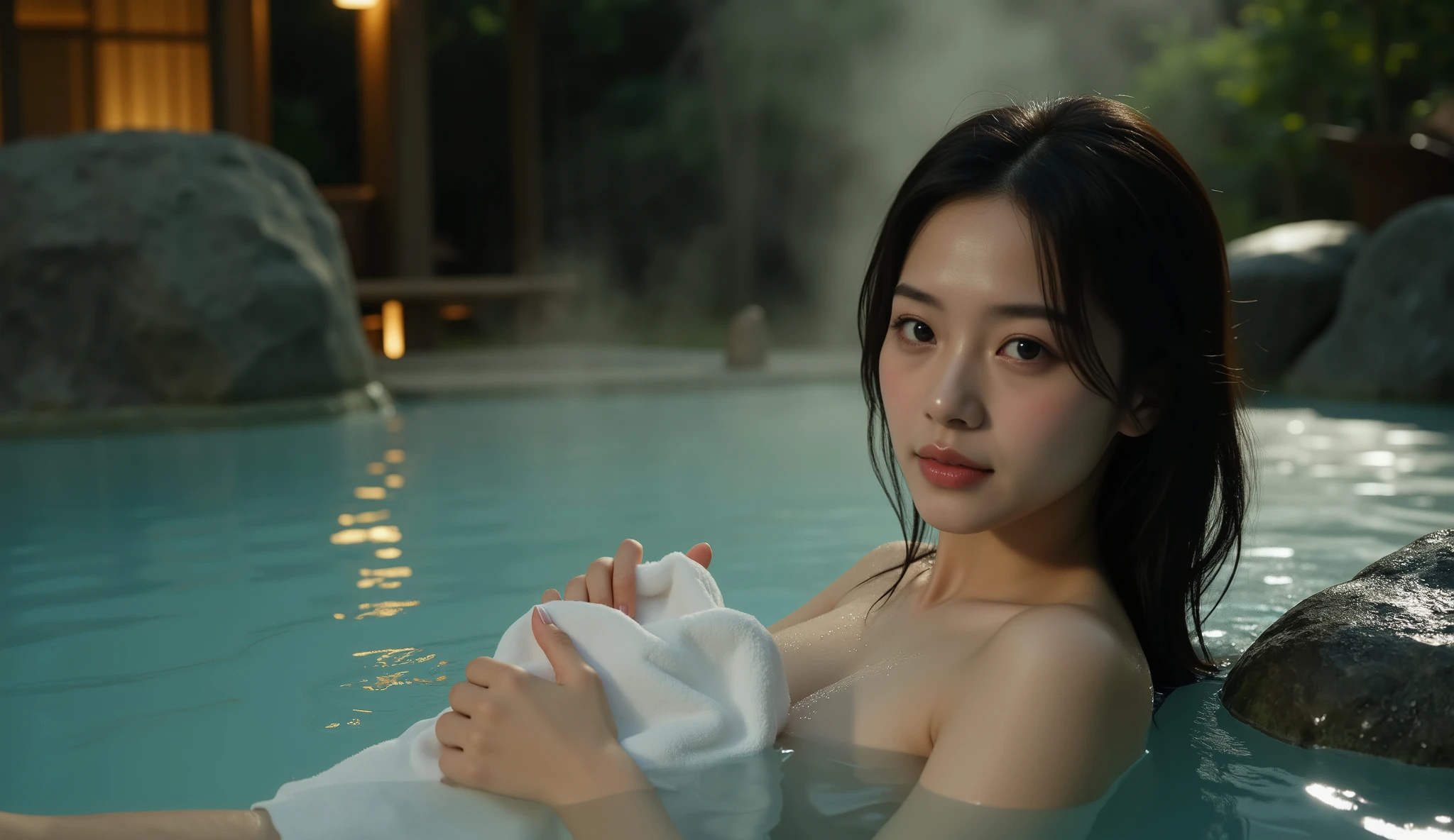 (night:1.8), oriental architecture, 1 woman, ((hot spring, onsen:1.4)), moist skin, ((fog:1.8)), (steam rising:1.8), glowing skin, glossy skin, ((partially submerged in hot spring:1.4)), Holding a wet white towel close to the body, but some cleavage is visible. ((Wet towel:1.3) , perfect eyes,perfect face,（smile：0.4），official artwork，Very detailed CG Unity 8k wallpaper、bright_front_face_lighting，（tmasterpiece:1.0），(best_quality :1.0),ultra high resolution,4k,detailed detail,high resolution of,8k,nffsw,high resolution,absurderes:1.2,kodak portra 400,film grain,lens flare glow,（beautiful_face:1.4），8k,raw footage,(outdoor bath drawn wider:1.4) ,(wet hair:1.3),((beautifully depicts depth and width:1.3)),((The outdoor bath is surrounded by a Japanese garden and large rocks, with only two small lights.:1.3)), ((smooth white skin: 1.3)),