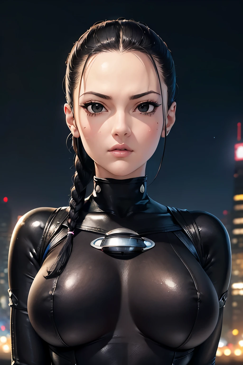 ((perfect eyes)), ((only top of character)), (plump breast), ((large breast)), (finely detailed eyes and detailed face:1.3), (extremely fine and beautiful:1.1), (Perfect details:1.1), (Sei Sakuraoka), Gantz, braid, black hair, (black eyes:1.5), single braid, black bodysuit, city, night, sky, starry sky,