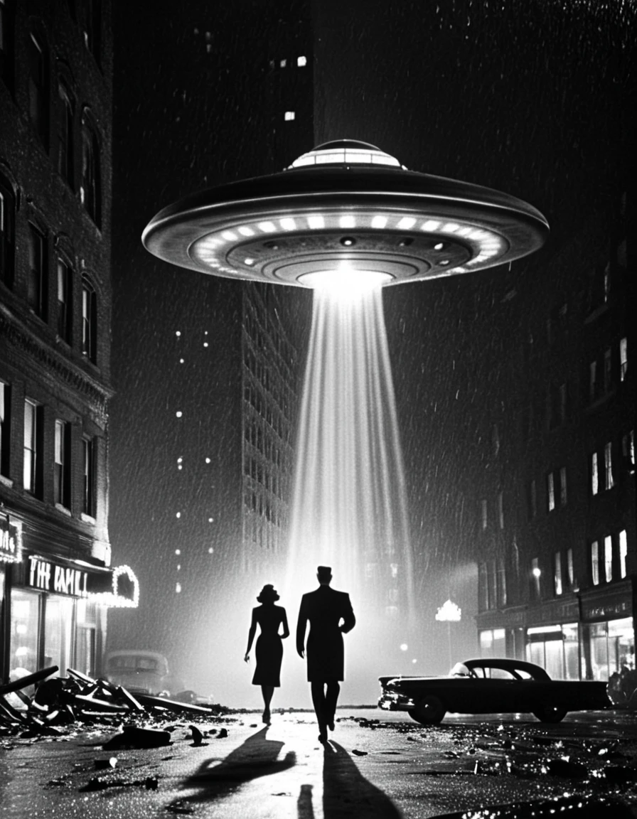 A retro-futuristic 1950s city under a dark, starless sky, with towering skyscrapers illuminated by beams of light from multiple hovering flying saucers::1.5. In the foreground, a sleek metallic UFO emits a destructive laser beam::1.5, slicing through a tall building, causing debris to rain down onto panicked citizens below. Silhouettes of people running in terror::1.5 are scattered across the streets. A shadowy alien figure stands atop a crumbled rooftop, holding a glowing control device with blinking lights. The flying saucers are sleek, with rotating edges and pulsating neon lights. The entire scene is rendered in high-contrast black-and-white, with dramatic lighting, heavy shadows, and grainy film texture evoking the retro charm of 1950s sci-fi movies.
