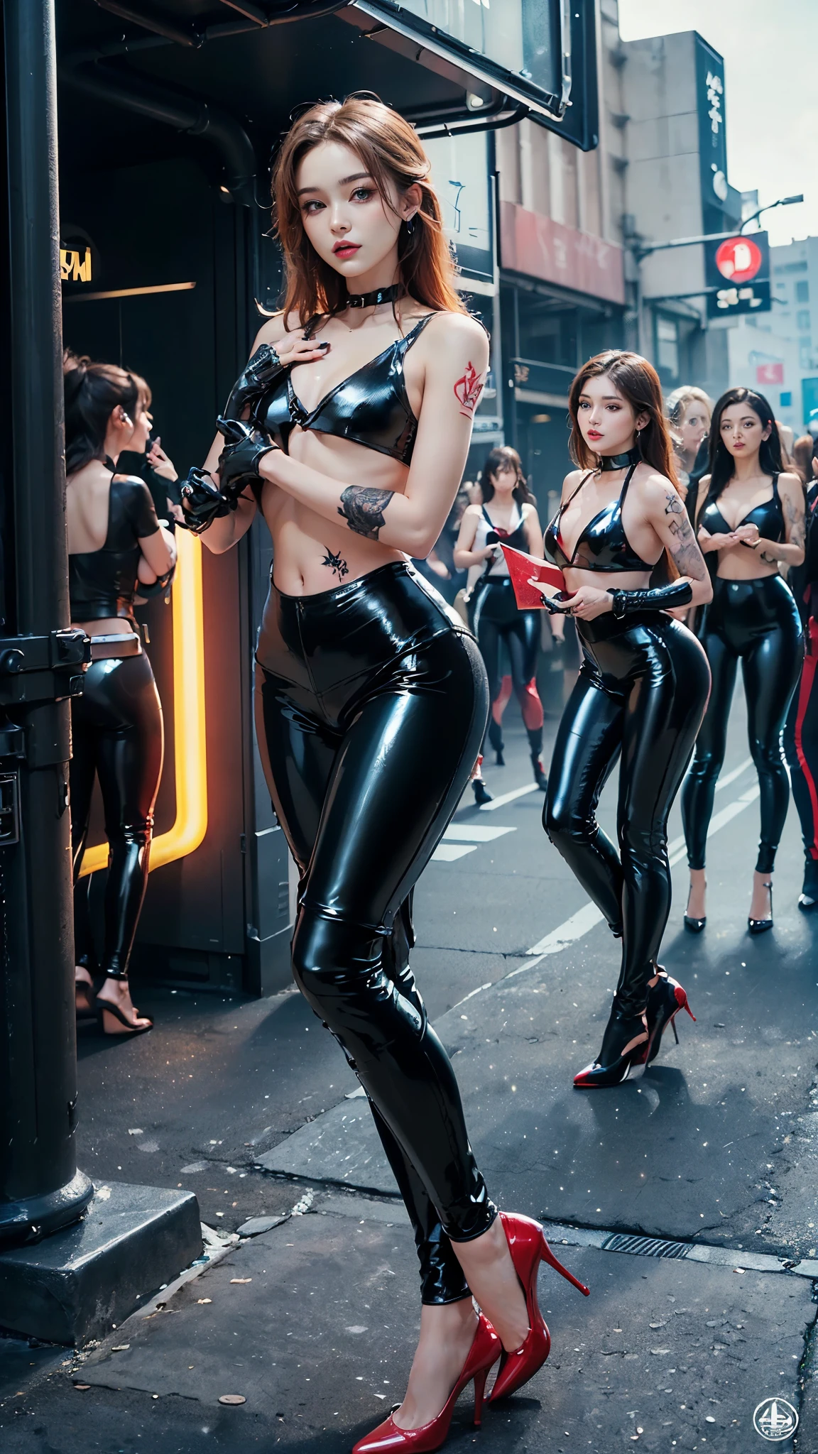 highest quality、surreal、perfect anatomy、crowded downtown area、Wet and shiny white skin、slender model body、Ahegao、silver hair、black micro bikini、soaked、Ten head body、collar and leash、natural lighting、cyberpunk city、cyberpunk edge liner、