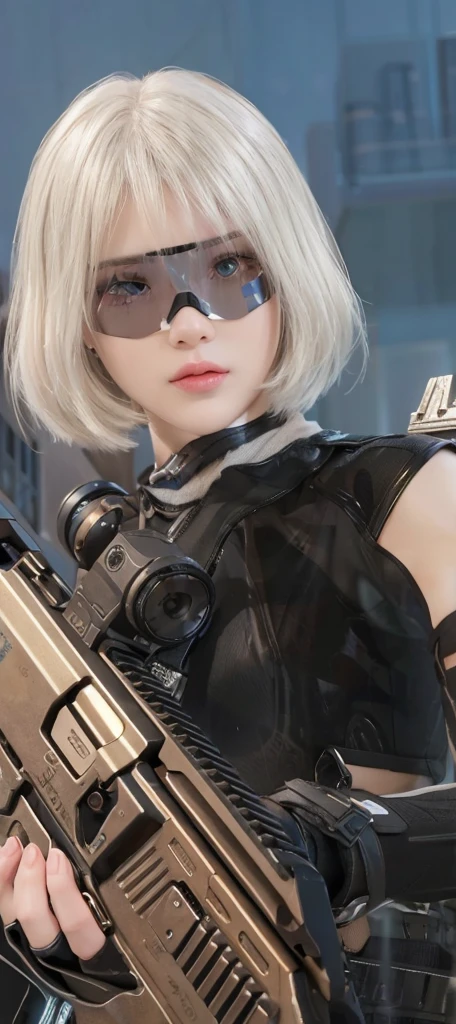 score_9,score_8_up,score_7_up,ultra detailed,absolutely resolution, 32k,masterpiece,best quality,ultra HD quality, 20 year old Girl, Create a hyper-realistic portrait of a futuristic female soldier with short, silvery-white hair and piercing blue eyes. She wears a high-tech black tactical vest with sleek, reflective surfaces that hint at advanced materials. Her face is partially obscured by a high-tech visor with a transparent overlay and subtle HUD elements, giving her a cybernetic edge. Her expression is calm and focused, exuding confidence and determination.

She holds a futuristic assault rifle with intricate detailing and a metallic finish, showcasing a combination of advanced technology and rugged utility. The weapon is equipped with a high-precision scope, reflecting ambient light realistically. Her right hand is adorned with a fingerless tactical glove, revealing the texture of her skin and the subtle veins of her hand.

The background features an urban environment under a crisp, clear sky. The perspective is slightly low-angle, emphasizing her dominance and readiness. Lighting is soft yet dynamic, casting realistic shadows on her face and highlighting the textures of her gear and weapon. The overall tone conveys a balance of strength, modernity, and precision