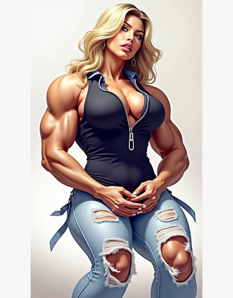 (3/4 view:1.4)(masterpiece:1.2, best quality), 1lady, solo, upper body, big tits, wide hips,
light blue wash skinny jeans, white tank top, midriff exposed, high heel boots
Loose waves, platinum blonde, (long hair bangs:1.6), long ponytail,
simple hoop earrings