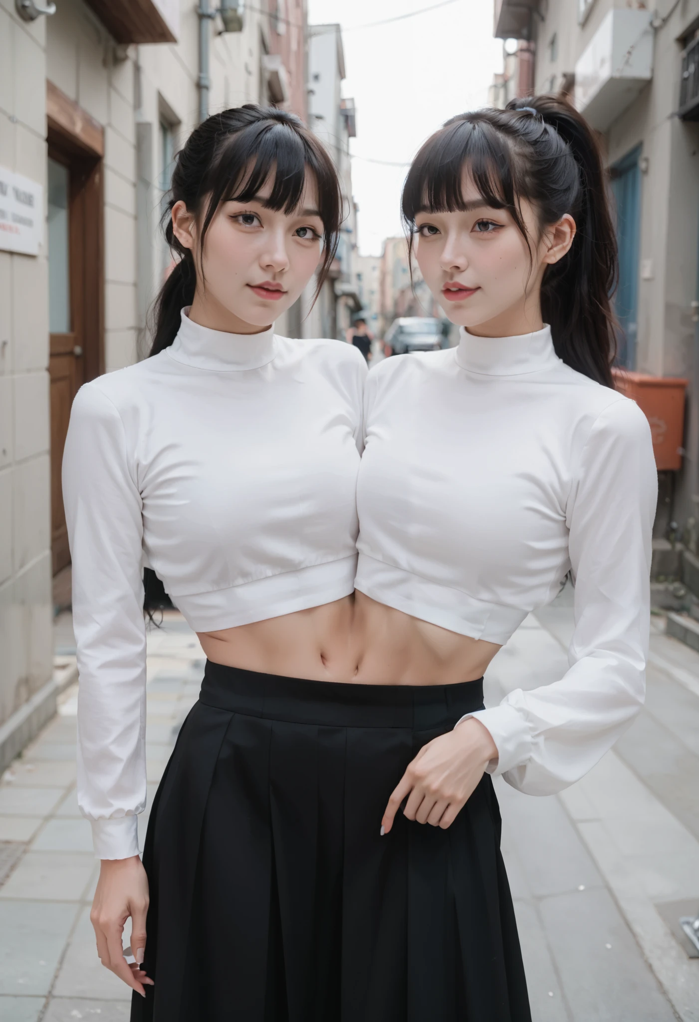 best resolution, (two torsos:1.3), 2girls, clones, twins, tall, black hair middle part bangs with ponytail, mm, flirty expression, white long sleeve shirt, frilly black skirt, midriff, crop top, midriff, at a bowling alley, indoors