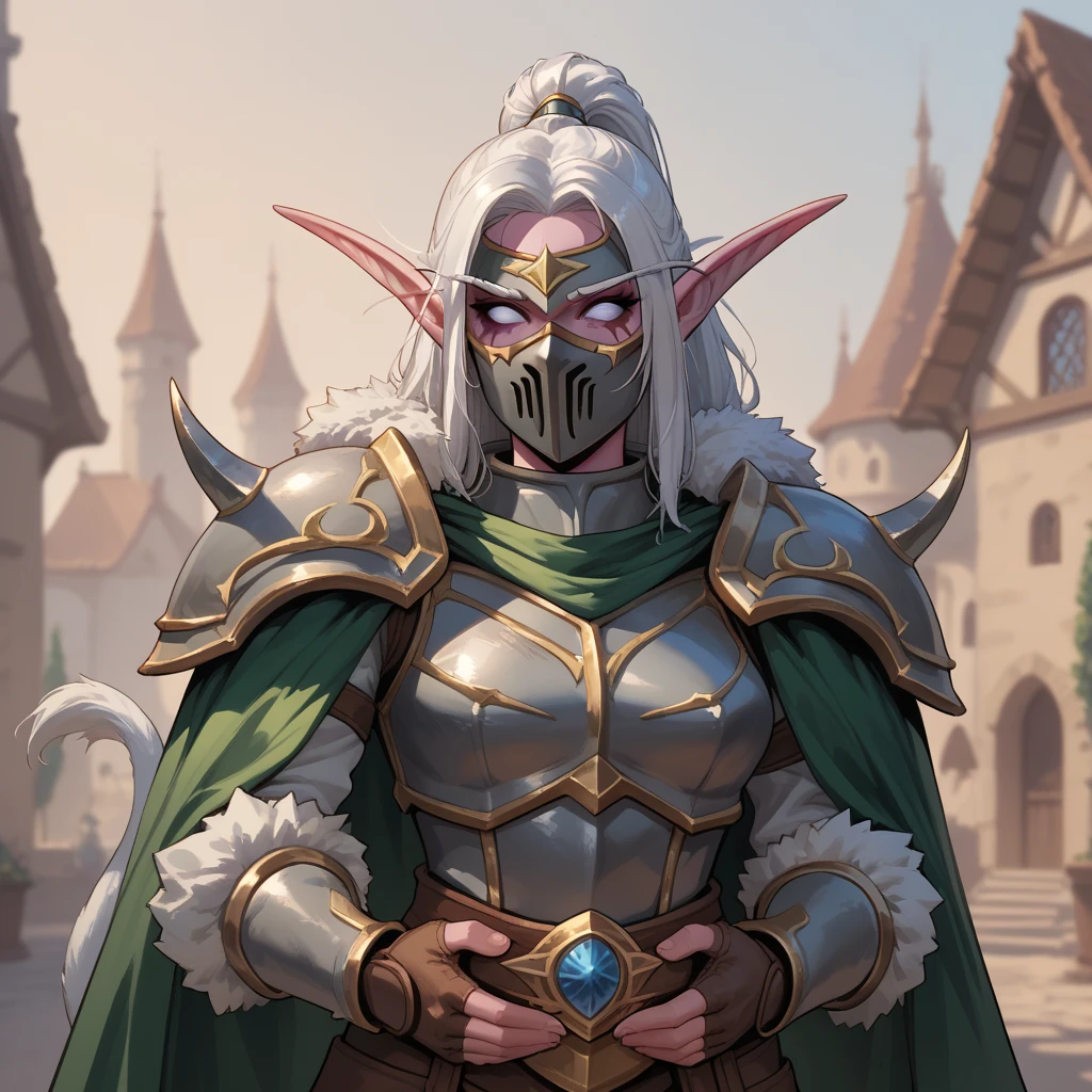  ultra quality, 1 , Maievxl, night elf,  dark eyes, green cape, helmet, Mask, fur trim,  white hair, tail,  upper body , shoulder Armor, shezfe , Armor, confident pose,  hands around the waist, nervous,  looking at the spectator ,  outdoor