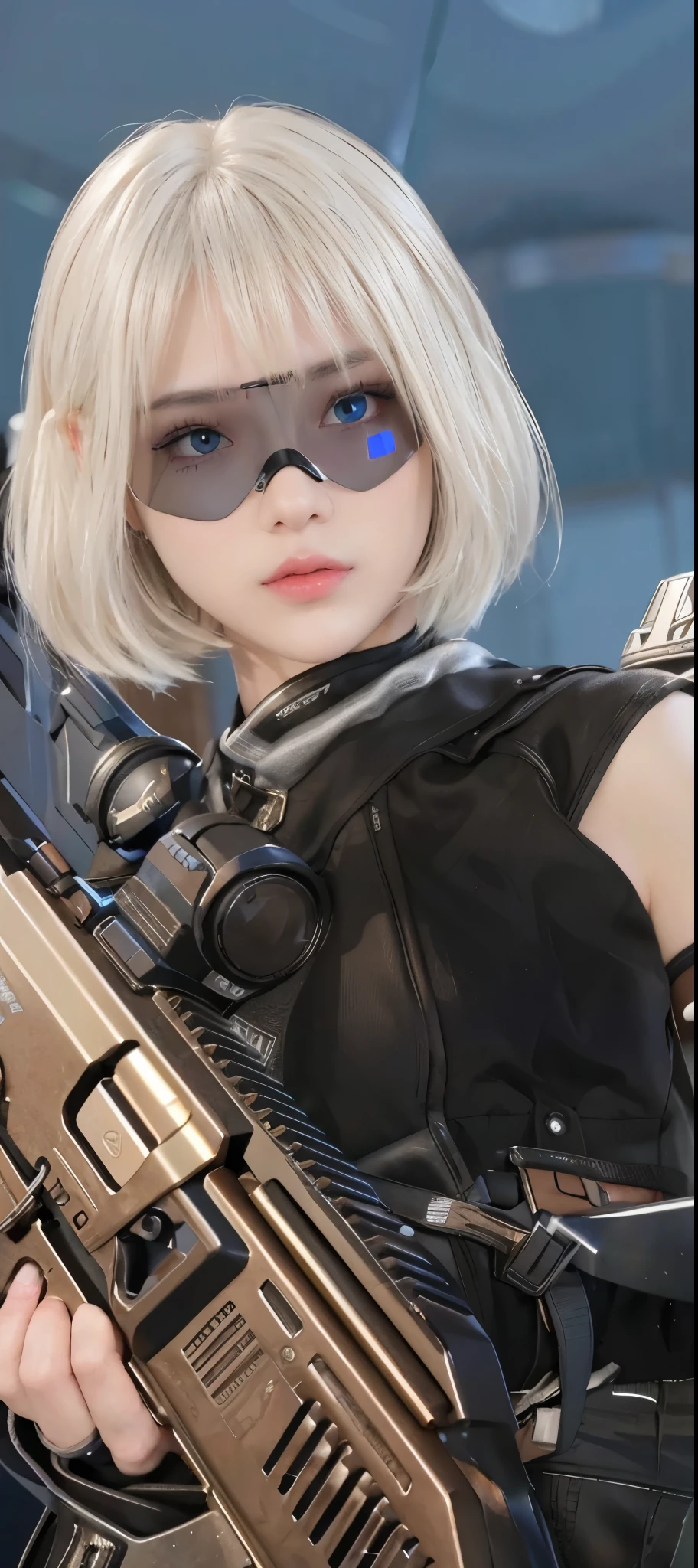 score_9,score_8_up,score_7_up,ultra detailed,absolutely resolution, 32k,masterpiece,best quality,ultra HD quality, 20 year old Girl, Create a hyper-realistic portrait of a futuristic female soldier with short, silvery-white hair and piercing blue eyes. She wears a high-tech black tactical vest with sleek, reflective surfaces that hint at advanced materials. Her face is partially obscured by a high-tech visor with a transparent overlay and subtle HUD elements, giving her a cybernetic edge. Her expression is calm and focused, exuding confidence and determination.

She holds a futuristic assault rifle with intricate detailing and a metallic finish, showcasing a combination of advanced technology and rugged utility. The weapon is equipped with a high-precision scope, reflecting ambient light realistically. Her right hand is adorned with a fingerless tactical glove, revealing the texture of her skin and the subtle veins of her hand.

The background features an urban environment under a crisp, clear sky. The perspective is slightly low-angle, emphasizing her dominance and readiness. Lighting is soft yet dynamic, casting realistic shadows on her face and highlighting the textures of her gear and weapon. The overall tone conveys a balance of strength, modernity, and precision