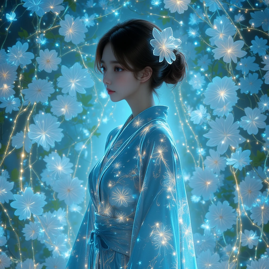 A hyper-realistic and elegant portrait of a woman standing in a half-body pose against an opulent and densely adorned floral background with an ethereal twist. The backdrop is completely covered with an intricate tapestry of blooming flowers in shades of blue, white, and soft pastel hues, now enhanced with an invert color effect that gives the flowers a surreal and otherworldly appearance. Each flower and vine features glowing lines and invert outlines, adding a luminous quality to the design. The flowers shine softly, casting subtle reflections onto the dense arrangement, while the green leaves and twisting vines are illuminated with a gentle glow. The woman's kimono is adorned with matching glowing floral patterns that blend seamlessly with the glowing, inverted backdrop. Her hair, styled elegantly, features a large glowing flower ornament, harmonizing with the radiant and dreamlike setting. The lighting emphasizes the shine of her attire and the glowing lines, creating an immersive and surreal scene of beauty and artistry.