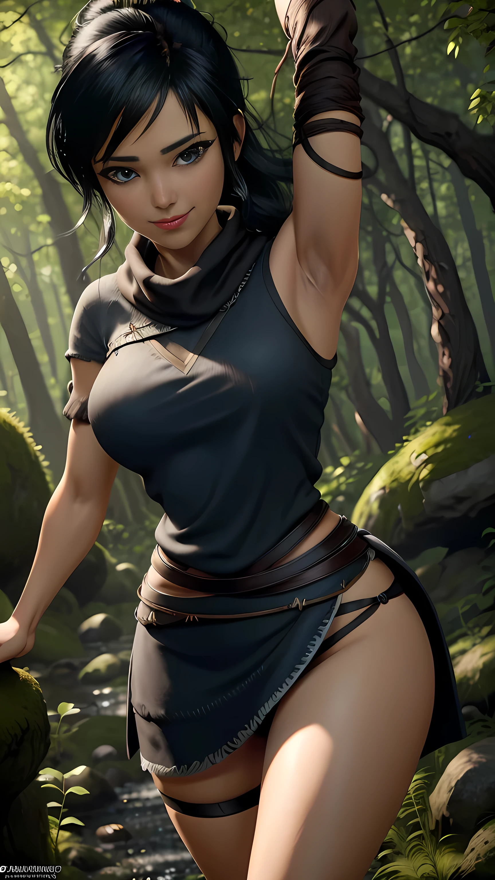 Kena da bridge of spirits, ((black lingerie)), thong, (best qualityer,4K,8k,high resolution,work of art:1.2)(weather: windy), cowboy shot,spirit forest background, long hair,  stockings,ultra detailed,realisitic,portraite,beautiful detailed blue eyes,beautiful detailed lips,extremely detailed eye and face, long eyelashes,sexly, large breasts,flying hair,beaming smile,powerful girl in a forest, sexy pose,stunning curves,bright coloured,dramatic lighting,composition, black hair