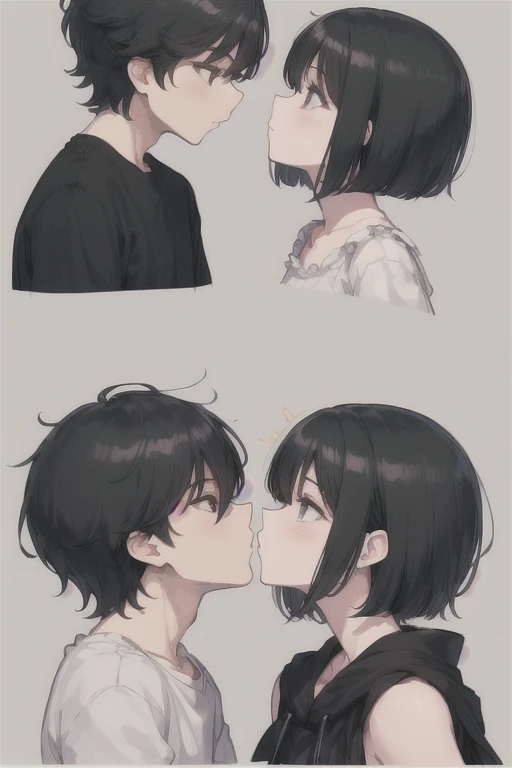  boy dressed in black( short hair to be shoulderedー, black hair)Girl standing ( black hair, short hair to be shouldered, bob hair)Kiss, Anime