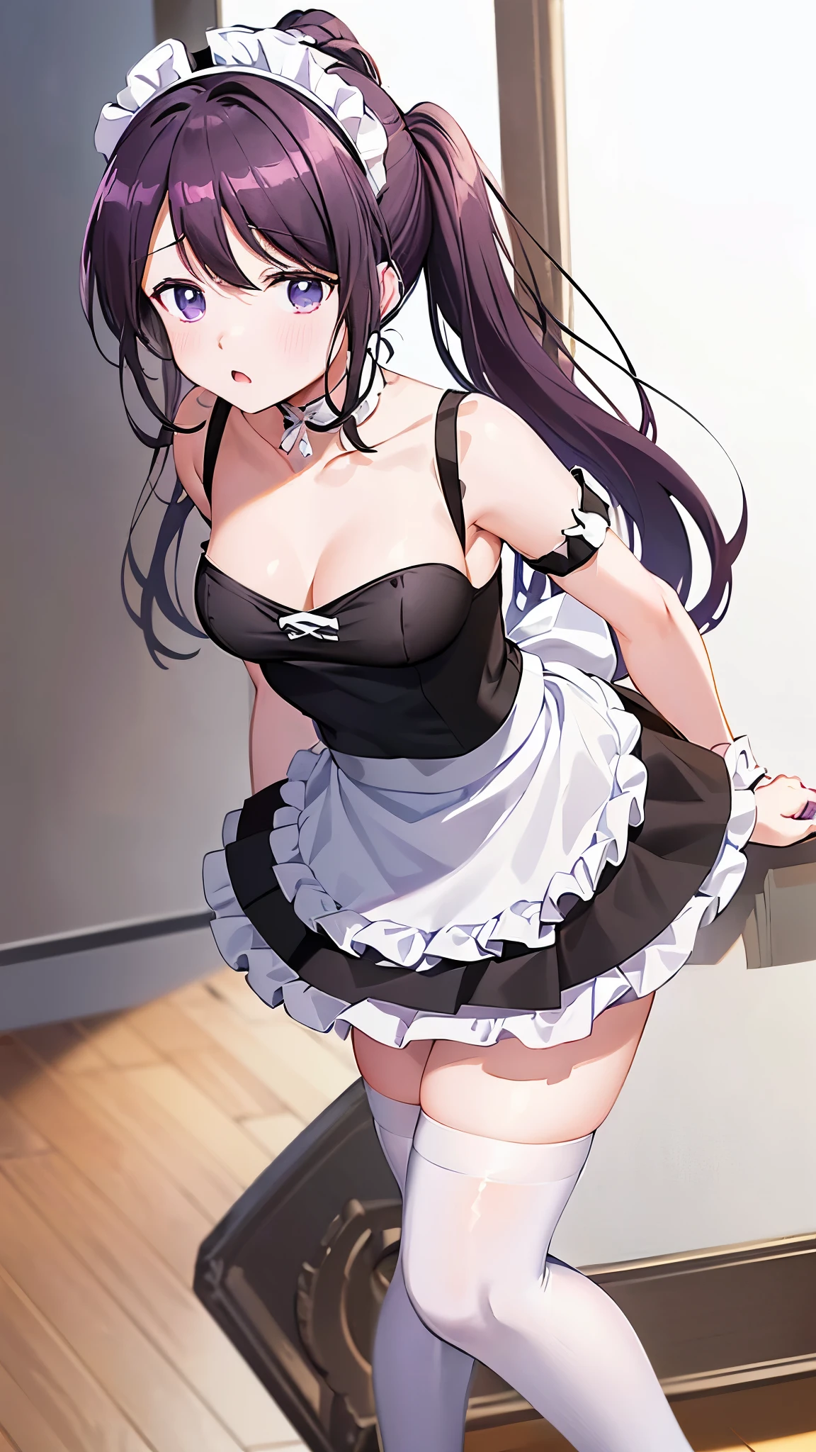 ８k, coffee shop、Inside the store、 Embarrassing Expression 、Light purple hair、 semi-long hair、 pale purple eyes 、BREAk (sexy french maid costume:1.4), (fusion of (short puff sleeves black blouse) and (black bustier):1.4), ((strapless, bare shoulders):1.4), ((collarbone, emphasize breast cleavage):1.3), (wearing a white half-apron with ruffles over a black miniskirt:1.4), (white half-apron:1), ((white brim, maid headband) with ruffles:1.3), (white overknee socks:1.3), (ruffled choker with bow-tie:1.3), (pumps with heels:1.2),
BREAk (blue small ribbon on white overknee socks:1.3),