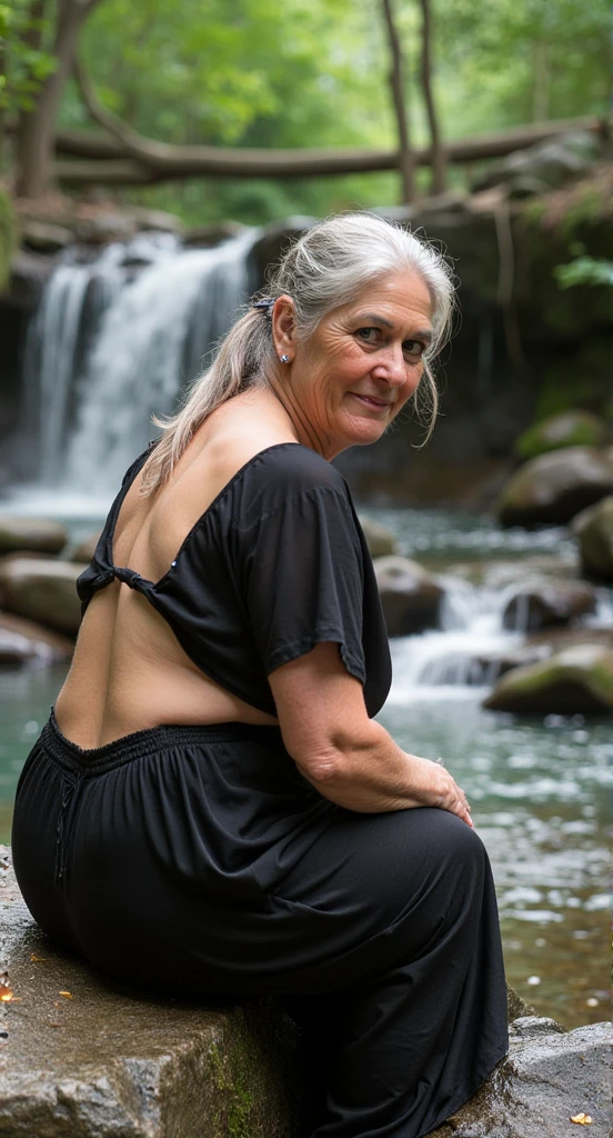 Mature Woman 55 year old, waterfall, wet clothes, seated on rock middle of waterfall, forest, her back facing camera, big hot buttocks, side view, ((princess)), (Balck 
 dhoti)), ((black blouse)), big breasts, big cleavage, Detailed eyes, Detailed pupil, Volumetric lighting, Ultra-detail, Unity 8k Wallpaper, Ultra-detail, Aesthetic, masutepiece, Best Quality, Photorealistic, facing camera, looking at camera 