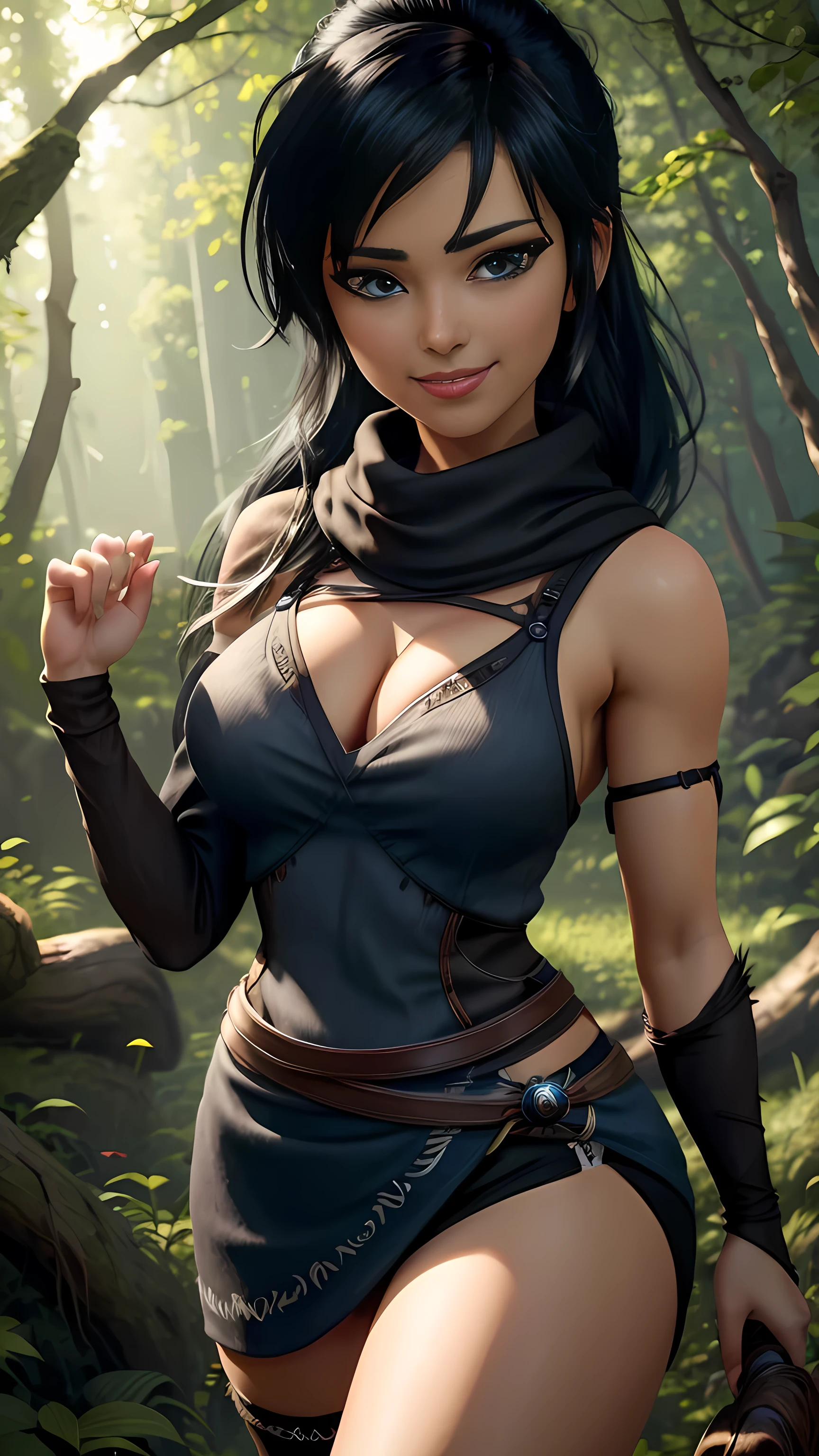 Kena da bridge of spirits, ((black lingerie)), thong, (best qualityer,4K,8k,high resolution,work of art:1.2)(weather: windy), cowboy shot,spirit forest background, long hair,  stockings,ultra detailed,realisitic,portraite,beautiful detailed blue eyes,beautiful detailed lips,extremely detailed eye and face, long eyelashes,sexly, large breasts,flying hair,beaming smile,powerful girl in a forest, sexy pose,stunning curves,bright coloured,dramatic lighting,composition, black hair