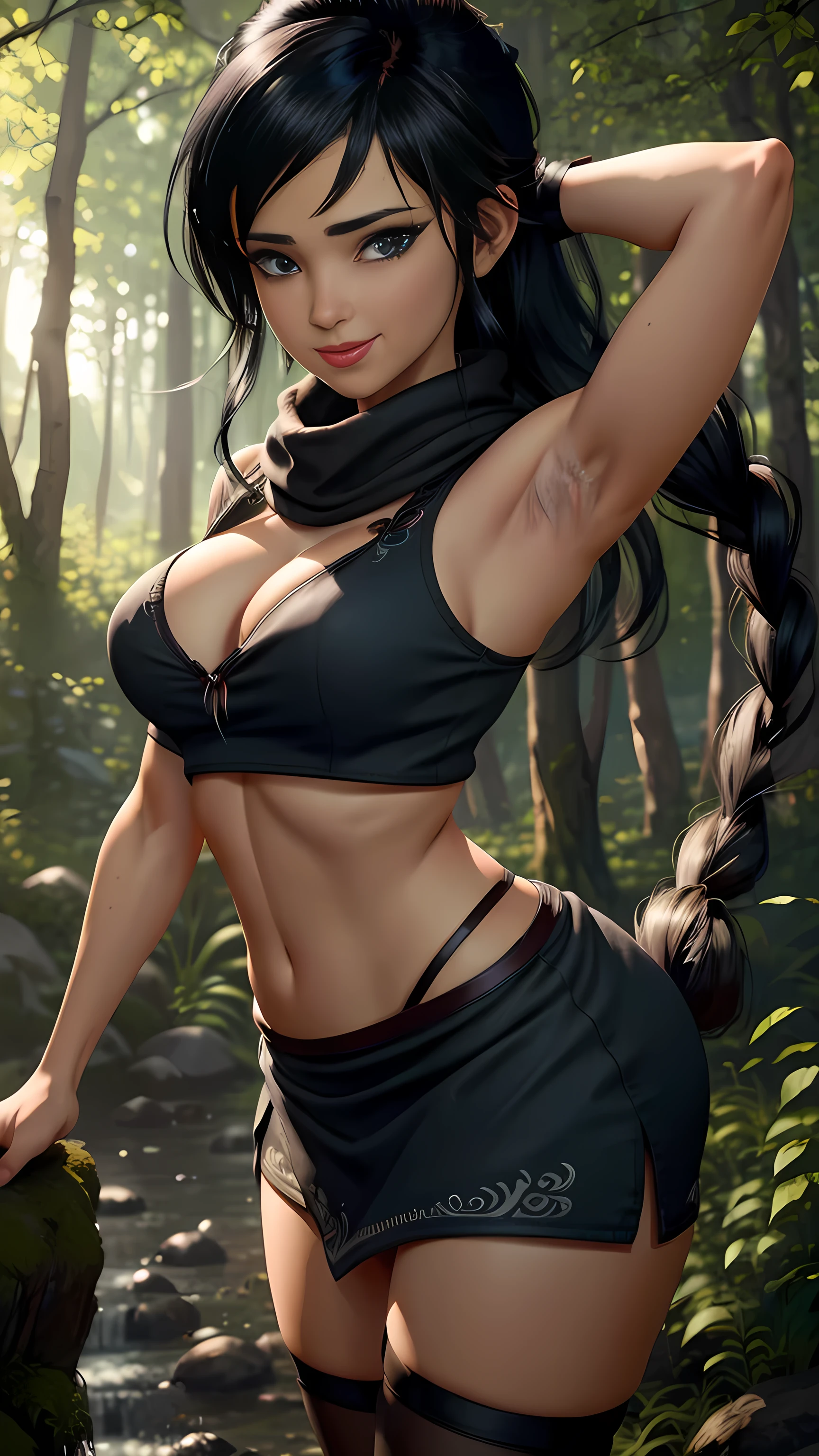 Kena da bridge of spirits, ((black lingerie)), thong, (best qualityer,4K,8k,high resolution,work of art:1.2)(weather: windy), cowboy shot,spirit forest background, long hair,  stockings,ultra detailed,realisitic,portraite,beautiful detailed blue eyes,beautiful detailed lips,extremely detailed eye and face, long eyelashes,sexly, large breasts,flying hair,beaming smile,powerful girl in a forest, sexy pose,stunning curves,bright coloured,dramatic lighting,composition, black hair