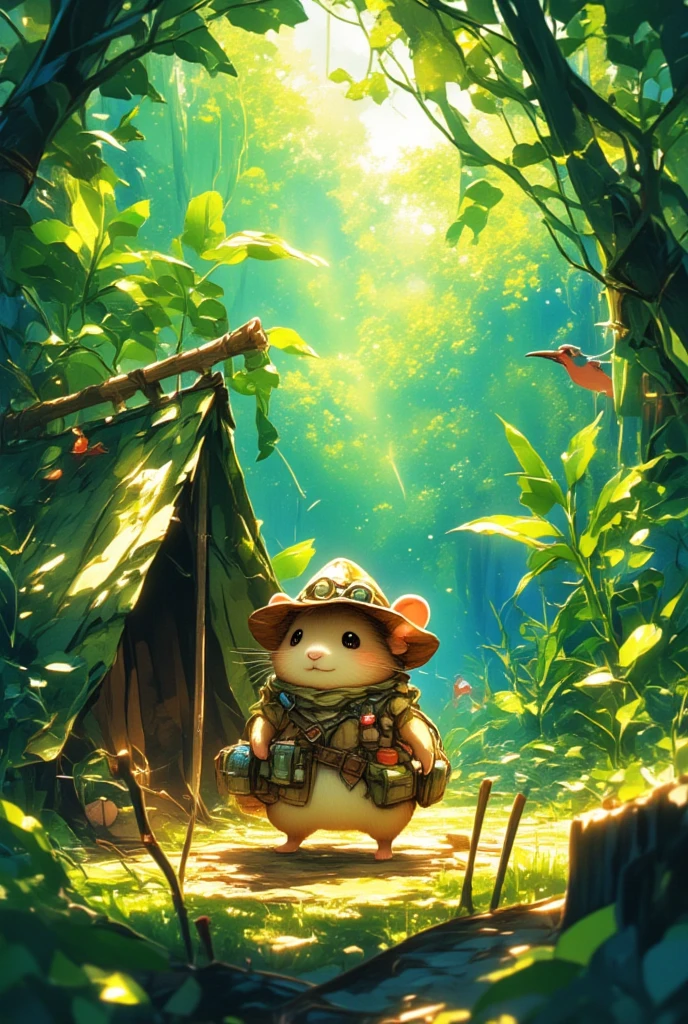 Deep in a lush, vibrant jungle, a charming hamster with an adventurous glint in its eye trudges through the underbrush. Equipped with a tiny safari hat and a miniature bandolier of jungle supplies, the hamster gazes upwards at the dense canopy filtering beams of sunlight through emerald leaves. Around its cozy campsite, small wooden stakes are fastened in the ground securing a camouflage-colored tent made of leaves and twine. The scene bustles with the sounds of distant exotic birds and rustling leaves, infusing the setting with the essence of wild exploration and untamed beauty. In this lush Final Fantasy-like world, the hamster's adventure epitomizes the spirit of discovery and the thrill of unknown jungles waiting to be explored.