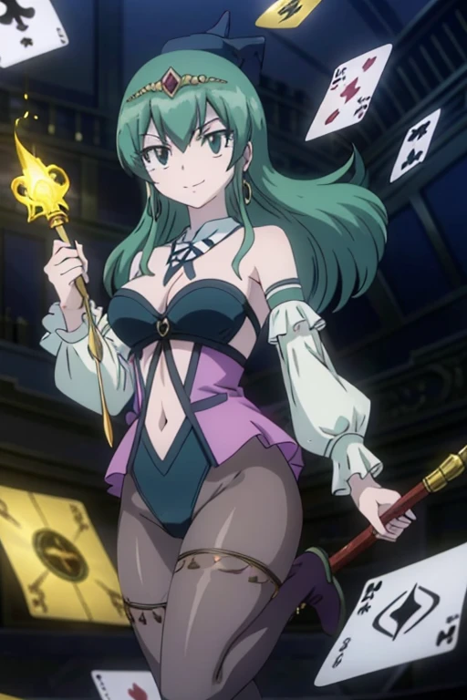 masterpiece, absurdres , (intricate details), (colorful),cinematic lighting,bust shot,extremely detailed CG unity 8k wallpaper,  hisuiefiore,floating hair, looking at viewer, a magic aura around her, magic wand, show, stage, green eyes, green hair, floating, dropping sleeves, cards, female magician leotard, magician hat, frills, long hair, brown boots, black pantyhose, purple outfits, smile