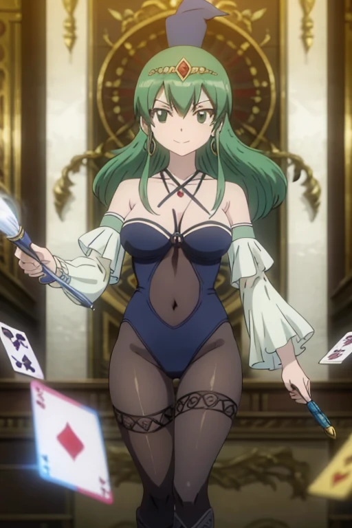 masterpiece, absurdres , (intricate details), (colorful),cinematic lighting,bust shot,extremely detailed CG unity 8k wallpaper,  hisuiefiore,floating hair, looking at viewer, a magic aura around her, magic wand, show, stage, green eyes, green hair, floating, dropping sleeves, cards, female magician leotard, magician hat, frills, long hair, brown boots, black pantyhose, purple outfits, smile