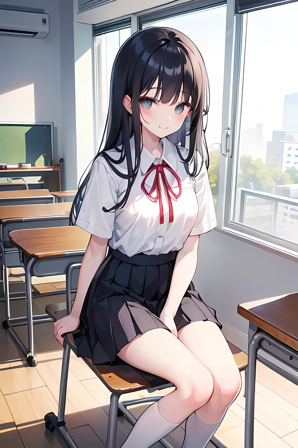 (masterpiece), (best quality), (ultra-detailed),(Style Princess:0.8), Solo, (1girl),  ((white panties))), (((skirt lift))),  ((hold the skirt)),  school uniform,  Sexy,  standing, cowboy shot ,classroom, girl with：((Her hands are holding onto the skirt)), hair is black ,Tied with a ribbon。eyes wide open.、whimpering,  tearful, tears.、