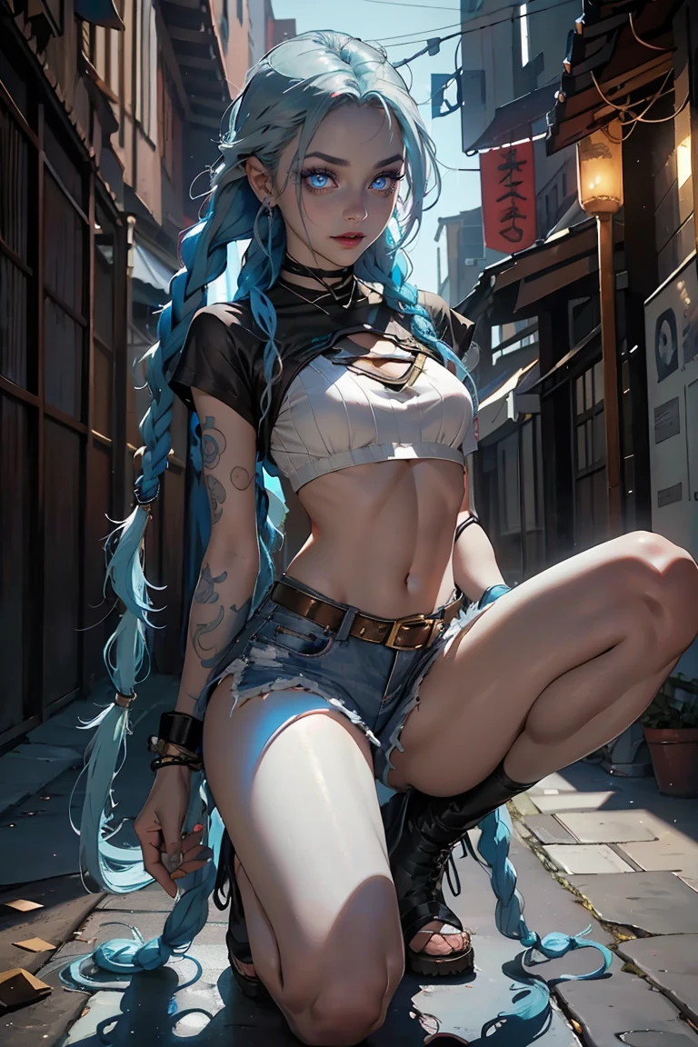 Goddess ((goddess-like woman)), slim elegant silhouette, masterpiece, best quality, sweet face, (masterpiece: 1.2, best quality), (real picture, intricate details), (1 lady, solo, medium tits, small waist, ), ((Jinx/LOL)), beautiful face, kissable lips, very long blue hair, Braided hair, two long braids, (very long blue hair), Blue hair, Blue glowing eyes, glowing eyes, crazy eyes, she has an impressive presence, beautiful face, perfect makeup, Beautiful Eyes, big eyes, she looks at the viewer,   she Wears a silver shorts and white Crop Top, m3shm1cr0, short sleeves, midriff, Boots silver shorts, background: city, alley, bokeh,
