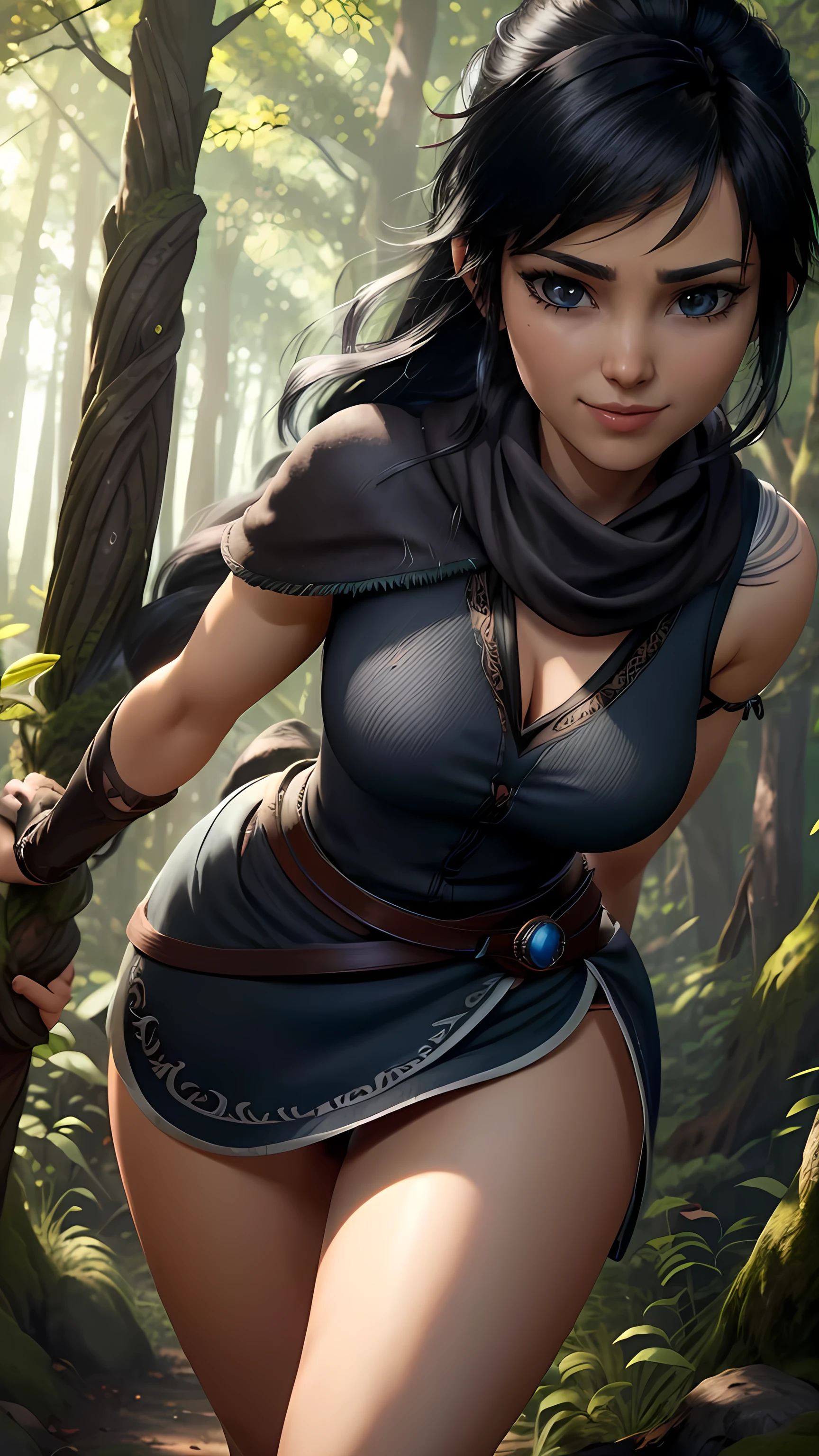 Kena da bridge of spirits, ((black lingerie)), thong, (best qualityer,4K,8k,high resolution,work of art:1.2)(weather: windy), cowboy shot,spirit forest background, long hair,  stockings,ultra detailed,realisitic,portraite,beautiful detailed blue eyes,beautiful detailed lips,extremely detailed eye and face, long eyelashes,sexly, large breasts,flying hair,beaming smile,powerful girl in a forest, sexy pose,stunning curves,bright coloured,dramatic lighting,composition, black hair