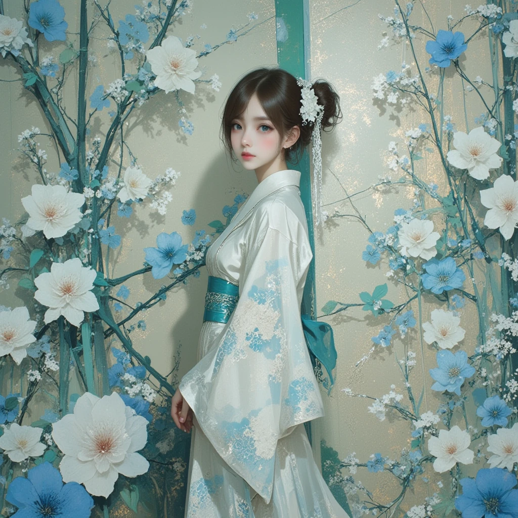 A hyper-realistic and elegant portrait of a woman standing in a half-body pose against an opulent and densely adorned floral background. The backdrop is completely covered with an intricate tapestry of blooming flowers in shades of blue, white, and soft pastel hues, inspired by traditional Japanese art. The flowers are layered densely, varying in size and detail, creating a rich, textured composition. Delicate green leaves with visible veins fill the spaces between the flowers, while slender, twisting vines weave intricately across the entire wall. Small blossoms and buds are scattered throughout, adding depth and dimension to the design. The woman's kimono is adorned with matching floral patterns that blend seamlessly with the lavish backdrop. Her hair is styled elegantly, featuring a large flower ornament, harmonizing with the detailed setting. The lighting softly highlights the dense floral arrangement and her poised expression, creating a harmonious and immersive scene of beauty and artistry.