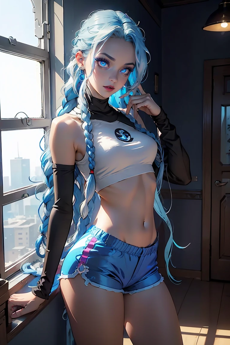 Goddess ((goddess-like woman)), slim elegant silhouette, masterpiece, best quality, sweet face, (masterpiece: 1.2, best quality), (real picture, intricate details), (1 lady, solo, medium tits, small waist, ), ((Jinx/LOL)), beautiful face, kissable lips, very long blue hair, Braided hair, two long braids, (very long blue hair), Blue hair, Blue glowing eyes, glowing eyes, crazy eyes, she has an impressive presence, beautiful face, perfect makeup, Beautiful Eyes, big eyes, she looks at the viewer,   she is wearing a oversized t-shirt and a silver shorts, s3xyj, oversized t-shirt, wide sleeves, simple t-shirt,jersey, silver shorts, background: big hall, big windows, city view.bokeh,