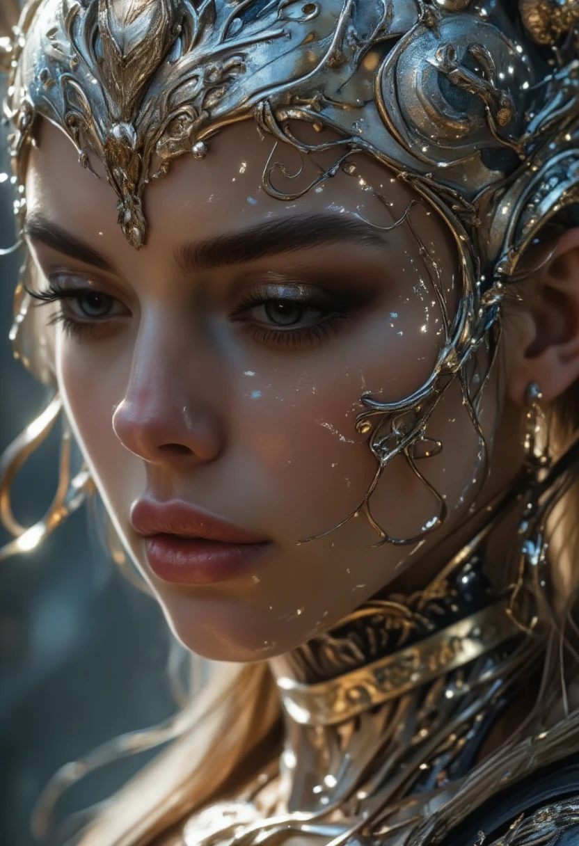 a close up raw photo of a woman wearing a silver and gold costume, beautiful armor, looking down, detailed skin texture
