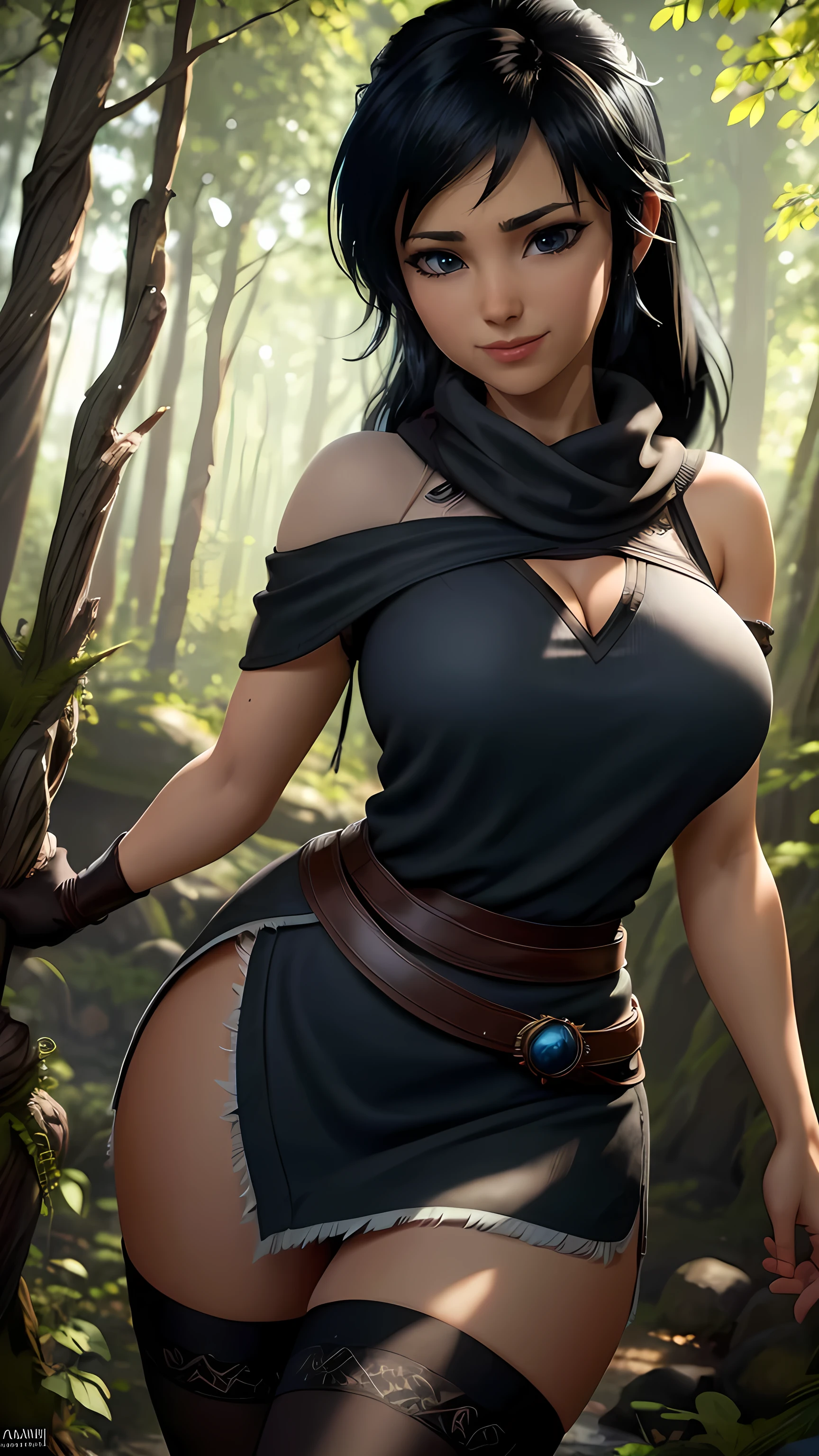 Kena da bridge of spirits, ((black lingerie)), thong, (best qualityer,4K,8k,high resolution,work of art:1.2)(weather: windy), cowboy shot,spirit forest background, long hair,  stockings,ultra detailed,realisitic,portraite,beautiful detailed blue eyes,beautiful detailed lips,extremely detailed eye and face, long eyelashes,sexly, large breasts,flying hair,beaming smile,powerful girl in a forest, sexy pose,stunning curves,bright coloured,dramatic lighting,composition, black hair