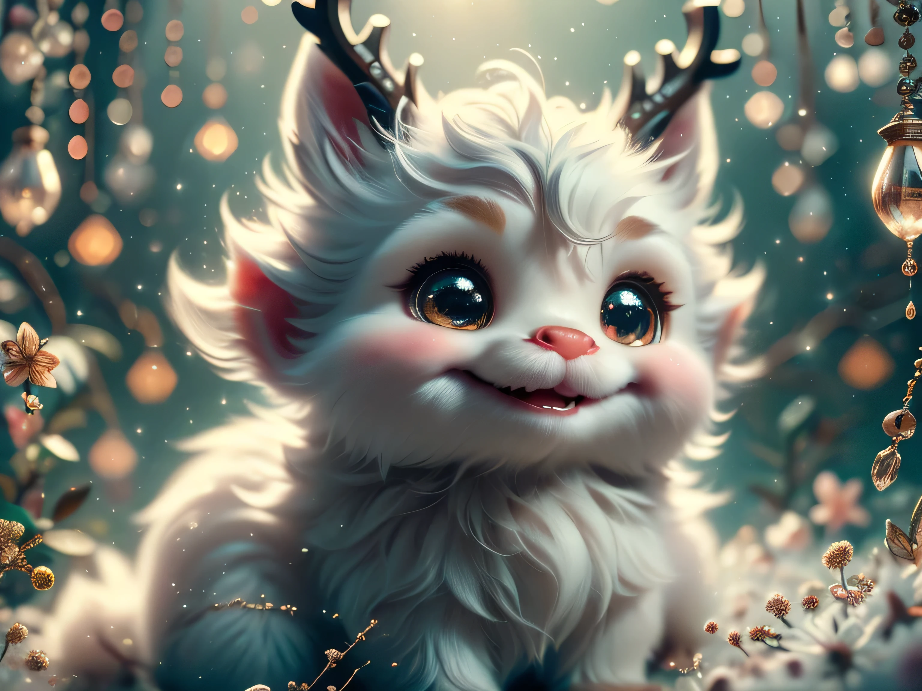 Magical Fantasy Creature, (Best Quality, Masterpiece, Representative Work, Official Art, Professional, Super Detailed, 8k:1.3), (Photorealism:1.2) Super Cute, Big Eyes, Soft, Soft Nose, Fluffy, Double-Toothed Smile, Aurorastyle, Highly detailed Dynamic shot of majestic adorable  reindeer, high quality, beautiful masterpiece, fantasy creature, kawaii, digital art, glowing sparkles, Realistic, Beautiful, Stars in Eyes, Soft Volumetric Light, (Backlight:1.3), (Cinematic:1.2), Intricate Details, (ArtStation:1.3), --auto --s2