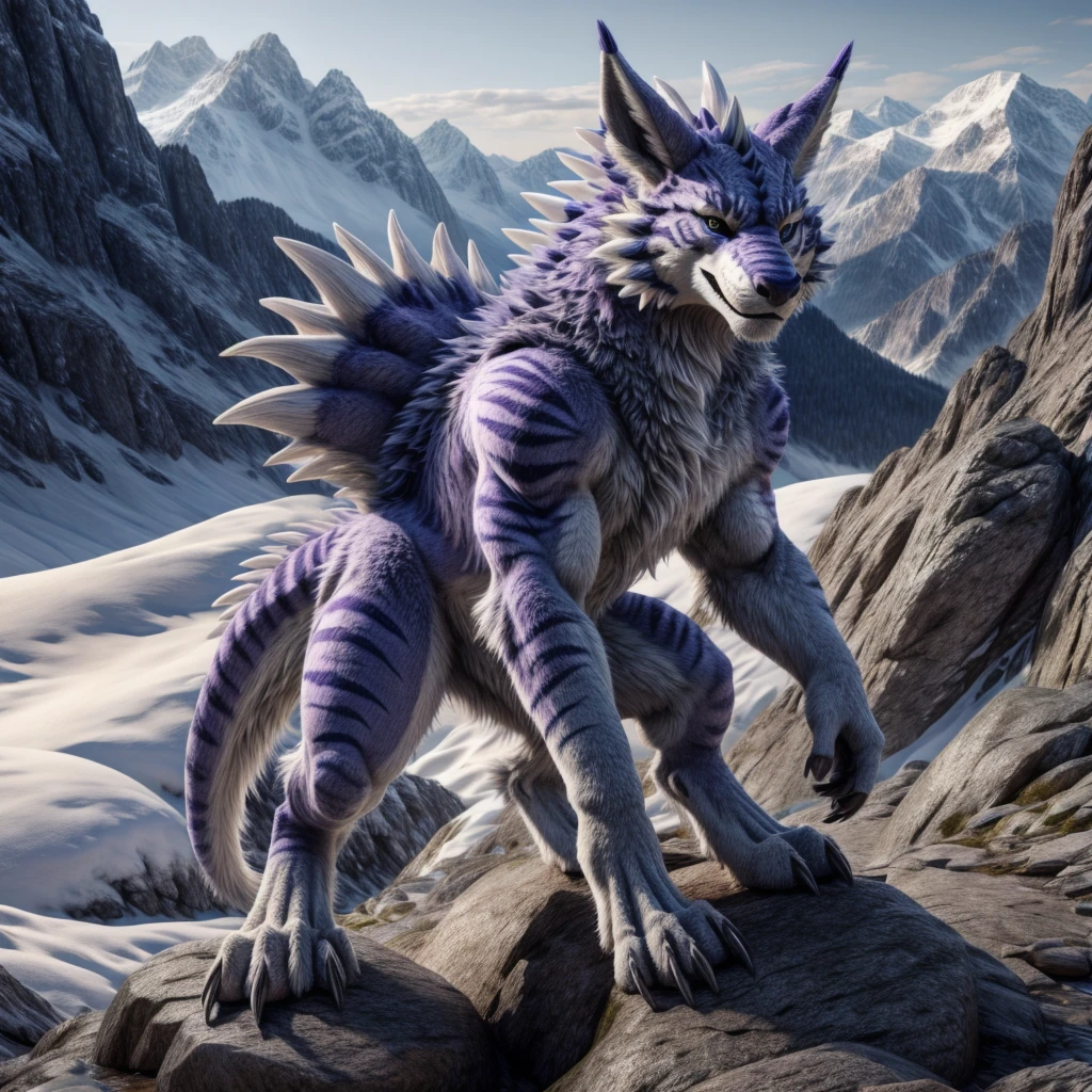 Full body, Garurumon, quadruped, tail, furry, very detailed fur, in the mountains, Highest quality, photorealistic, very detailed, very detailed background