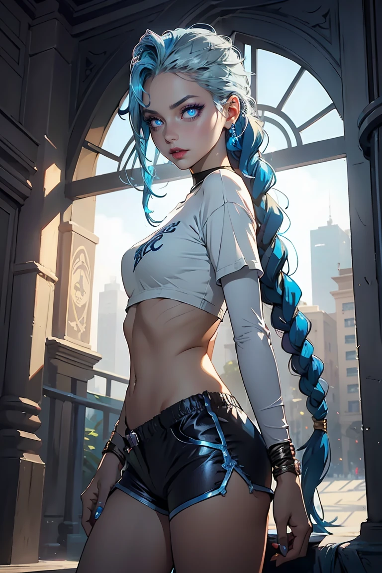 Goddess ((goddess-like woman)), slim elegant silhouette, masterpiece, best quality, sweet face, (masterpiece: 1.2, best quality), (real picture, intricate details), (1 lady, solo, medium tits, small waist, ), ((Jinx/LOL)), beautiful face, kissable lips, very long blue hair, Braided hair, two long braids, (very long blue hair), Blue hair, Blue glowing eyes, glowing eyes, crazy eyes, she has an impressive presence, beautiful face, perfect makeup, Beautiful Eyes, big eyes, she looks at the viewer,   she is wearing a oversized t-shirt and a silver shorts, s3xyj, oversized t-shirt, wide sleeves, simple t-shirt,jersey, silver shorts, background: big hall, big windows, She's a street fighter ready for battle, a little injured, a few scratches on her body,.bokeh,