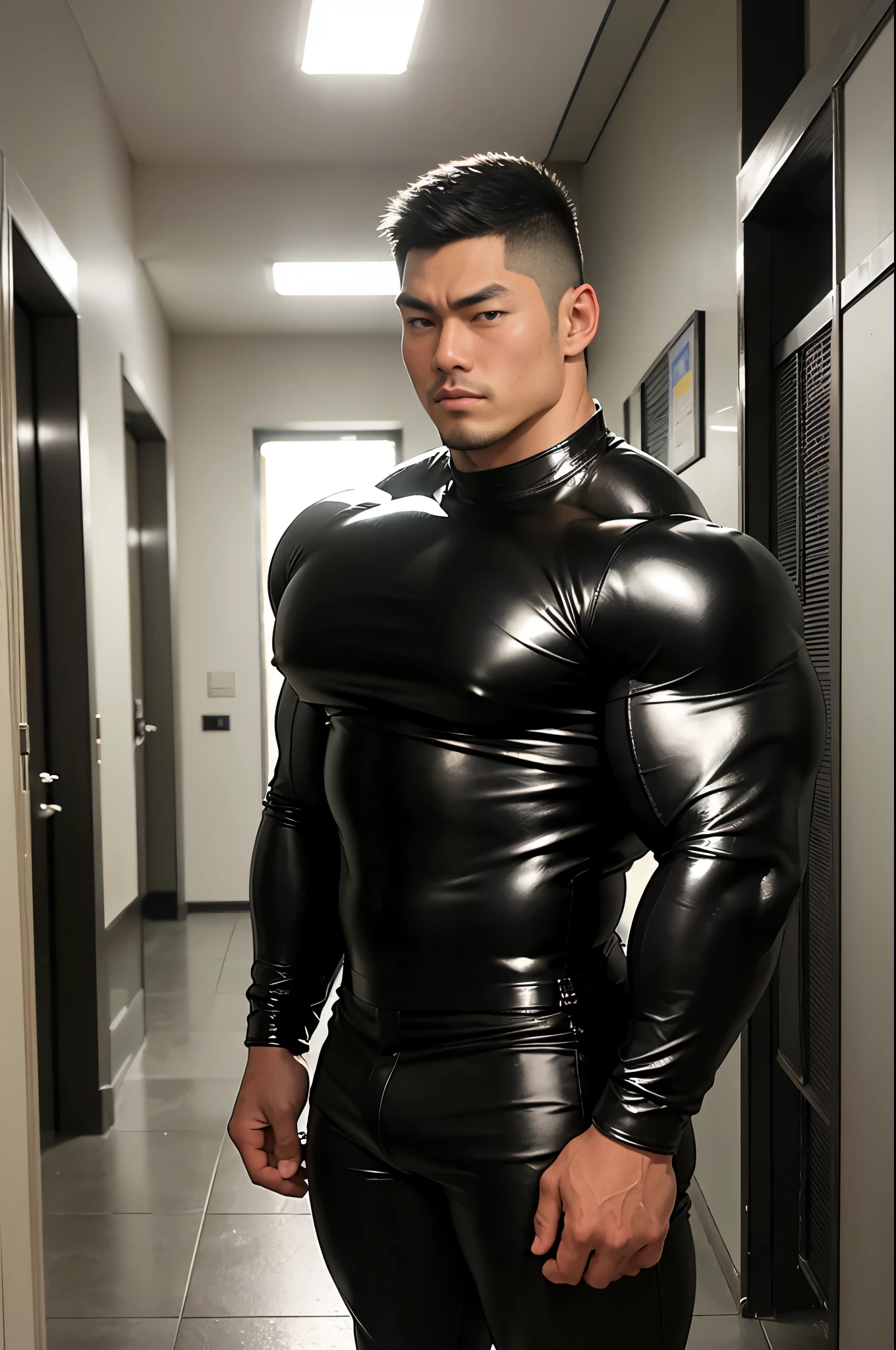 Big Muscular japanese guy,wearing tight black leather long sleeve shirt ,big biceps,muscular body, tall,6ft, leather pants, facing camera ,standing straight in hallway, lighting,shadow,bluish tint