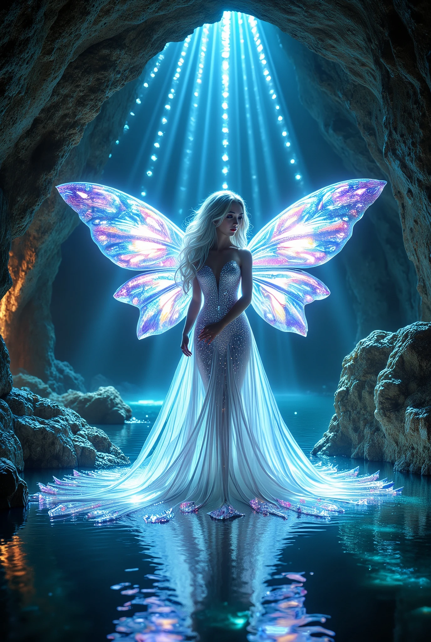 ((masterpiece)) ((photography)) ((Highest quality)) A hyper-realistic full-body illustration of a magical crystal fairy inside a luminous cave. The fairy has solid, crystallized wings that resemble sharp, faceted quartz, catching and refracting the bioluminescent glow from the surrounding crystals in vibrant shades of blue, green, and violet. Her shimmering gown is crafted from delicate, angular crystal pieces, blending with her glowing, glass-like skin. Her hair cascades like molten silver, faintly illuminated, while her serene gaze reflects the beauty of her cavernous home. The cave walls are covered in clusters of bioluminescent crystals, casting prismatic light patterns across the cavern floor and the underground pool at her feet, creating a magical and awe-inspiring atmosphere.