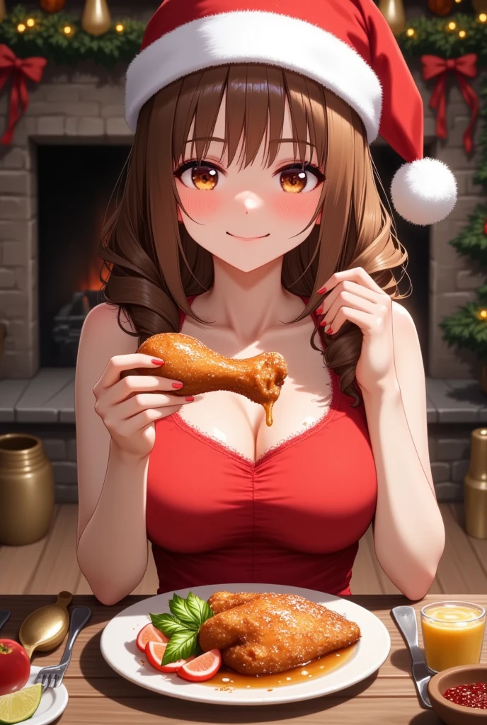  New Year Girl in Santa Claus Hat Red Beautiful Cheeks,  Sits at the New Year's Holiday Table ,  Holds Juicy Fried Chicken Leg in her Hand ,  Smiles and Rejoices , Warm fireplace Warms , garlands , christmas tree, beautiful colors,  best quality,  complex details , 8 k, masterpiece, 