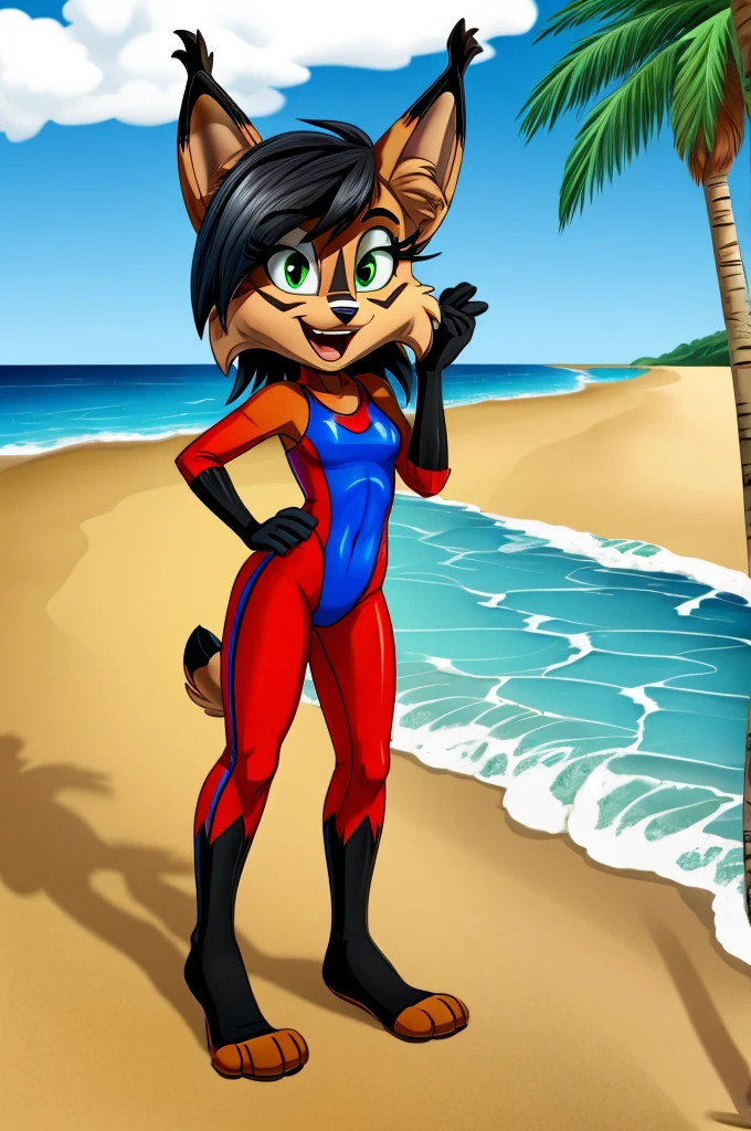 Lynx cartoon girl full length slim skinny in a red tight lycra swimsuit on the beach with a happy face black hair green eyes big feet