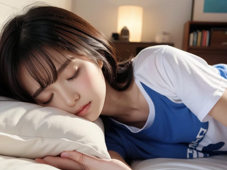 The girl who sleeps next to me、 1 girl,  bob hair,  closed eyes,  opening slightly,  high definition ,  anatomically correct,  top quality,  High Details ,  high definition model,  Japanese、２０age、 oversized t-shirts 、profile、Sleeping in bed