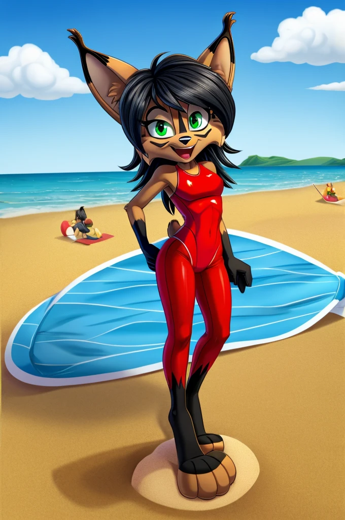 Lynx cartoon girl full length slim skinny in a red tight lycra swimsuit on the beach with a happy face black hair green eyes big feet