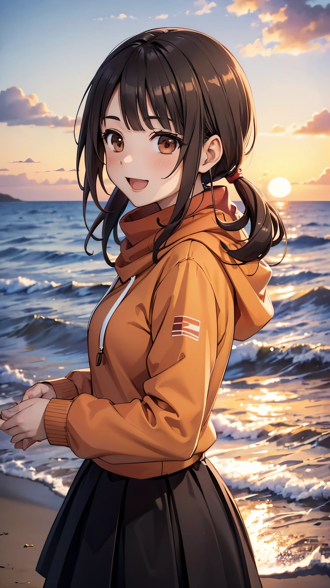 (top quality, greatest masterpiece),okitasawa,low twintale ,(orange hoodie),black long skirt,pantyhose,  anatomically correct body  , looking at the camera, very detailed facial features,  beautiful and perfect face,(:d:1.3),Sunset sky,Evening summer and winter seashore,((portrait shot:1.3)),sea, sandy beach, looking at the camera, Front Angle,The setting sun,red cheek:1.3,red Scarf,turning to the right, giving a direct gaze toward the camera,one eye close
