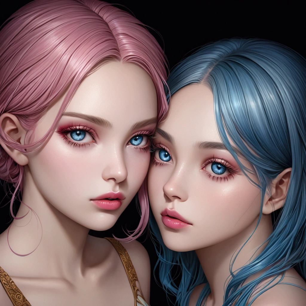 A realistic rendering of an Anne Anderson style illustration of a very close, ultra close shot on the breasts of two girls, 2 pert, nubile, thin, freckled, teen girls, one with 50s style, very short, ultra short, strawberry blonde hair, one with 50s style, very short, ultra short, light blue hair, one's open mouth very near to nipple, Iridescent bows in hair, topless, tiny breasts, bare breasts, exposed breasts, small breasts, little breasts, exposed crotch ,pink nipples , puffy nipples , exposed nipples , slight smile, head resting against breasts, open mouth, wearing pastel colored body harnesses, with wide lace straps, uniforms, iridescent sparkles on chest, iridescent glitter on breasts, white cuffs, white collar, hip straps, iridescent sparkles on breasts, reclining on a bed in a pink, 1950s teen girl's bedroom, ultra close shot on breasts