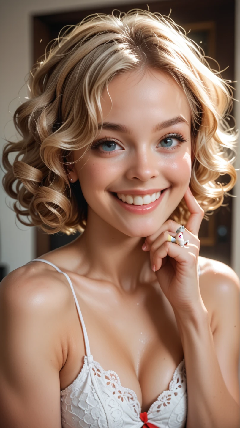 The most breathtaking 12-year old blonde, curly short hair, tiny, fit, round booty, ultra-realistic, high definition, smiling, white, American