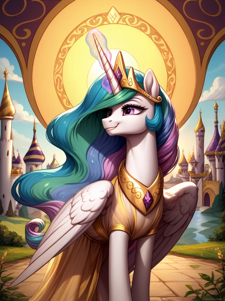 score_9, score_8_up, score_7_up, source_pony, 1girl, solo, mare, mature female, elements of harmony,
Princess Celestia, alicorn, horn, wings, white fur, magic, castle, royalty, canterlot, radiant sun,
 happy, gentle smile, wearing gold see through dress