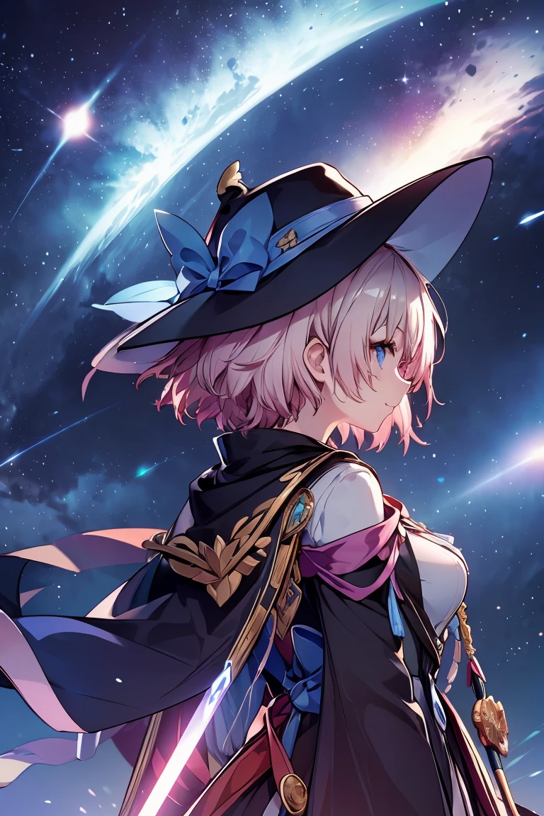 ( Masterpiece  ),  detailed face ,  Detailed Fingers ,  Magical Girl, ( Wizard's Hat ), (wide brim hat ), background (meteor, Night Sky),   light effect ,  Short Haired Bob Hair ,  black hair,  hair fluttering in the wind , 4 foot long cane , ( has a magic wand),  black cloak embroidered with gold thread ,  big red bow on chest, Brave look,  detailed skin,  High Quality ,  drawn by a professional anime illustrator, from back