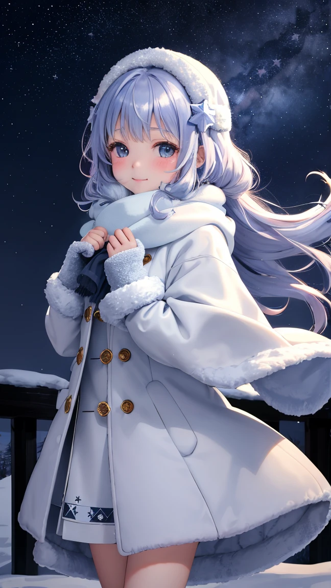 (masterpiece:1.4, best quality:1.4, ultra detailed:1.3, highres:1.2)
(beautiful young girl:1.4, solo:1.3, very cute face:1.4)
(long hair:1.3, flowing hair:1.2, hair flutter:1.2)
(winter clothes:1.3, warm coat:1.2, fluffy scarf:1.2, mittens:1.1)
(night sky:1.4, starry sky:1.4, winter stars:1.3, milky way:1.3)
(looking up:1.3, dreamy expression:1.3, gentle smile:1.2, rosy cheeks:1.2)
(winter night:1.3, clear sky:1.2, cold atmosphere:1.2)
(visible breath:1.2, cold air:1.2, frosty atmosphere:1.2)
(soft moonlight:1.3, star shine:1.2, ambient lighting:1.2)
(dynamic angle:1.2, beautiful composition:1.2)