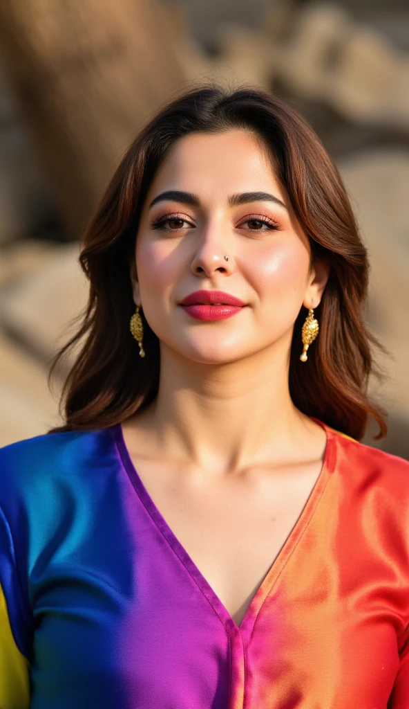 Hania Amir in satin Shalwar Kameez golden aqua+blue gradient color, (RAW photo, realism:1.8), (very dark pink lip gloss), jet dark pink lipstick, many eyelashes, dark brown eye shadow, shy, (tight glossy satin kurta), blushing, high quality, high resolution, depth of field, chromatic aberration, caustic, wide light, natural colors, 24 year old woman, necklaces, chokers, earrings, bracelets, wear many accessories, soft skin fair pink skin, small breasts size, oily shine skin, slime nose soft skin, wears node pin, (full length)