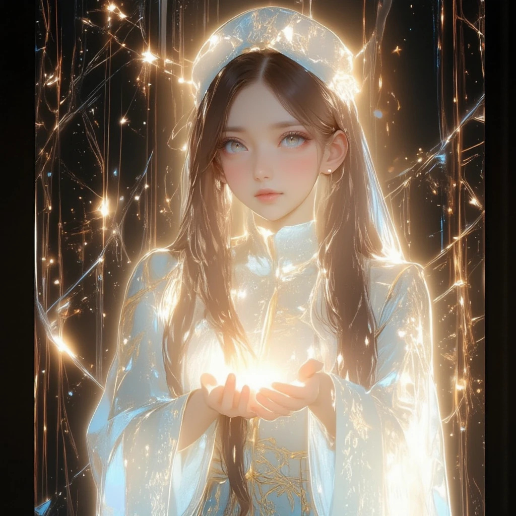 A divine and ethereal portrait of an East-Asian woman shown from the front in a captivating upper-body composition. She wears a flowing white hanfu-inspired dress, with intricate fabric illuminated by soft, glowing highlights. Her long sash cascades gracefully around her, enhancing the sense of elegance. Her serene expression is bathed in a radiant, celestial glow as her gaze lifts slightly, filled with grace and mystery. In her delicate hands, she holds a golden thread flowing mid-air, emphasized with invert color, glowing lines, and invert outline effects. The thread shines brilliantly, radiating a magical aura that contrasts against the mystical, dark background. The scene is enriched with beams of soft, ethereal light breaking through the shadows, casting a halo around her figure. The backdrop is alive with shimmering elements, subtle vines, and glowing floral patterns, creating a divine and otherworldly atmosphere that highlights the golden thread as the focal point.