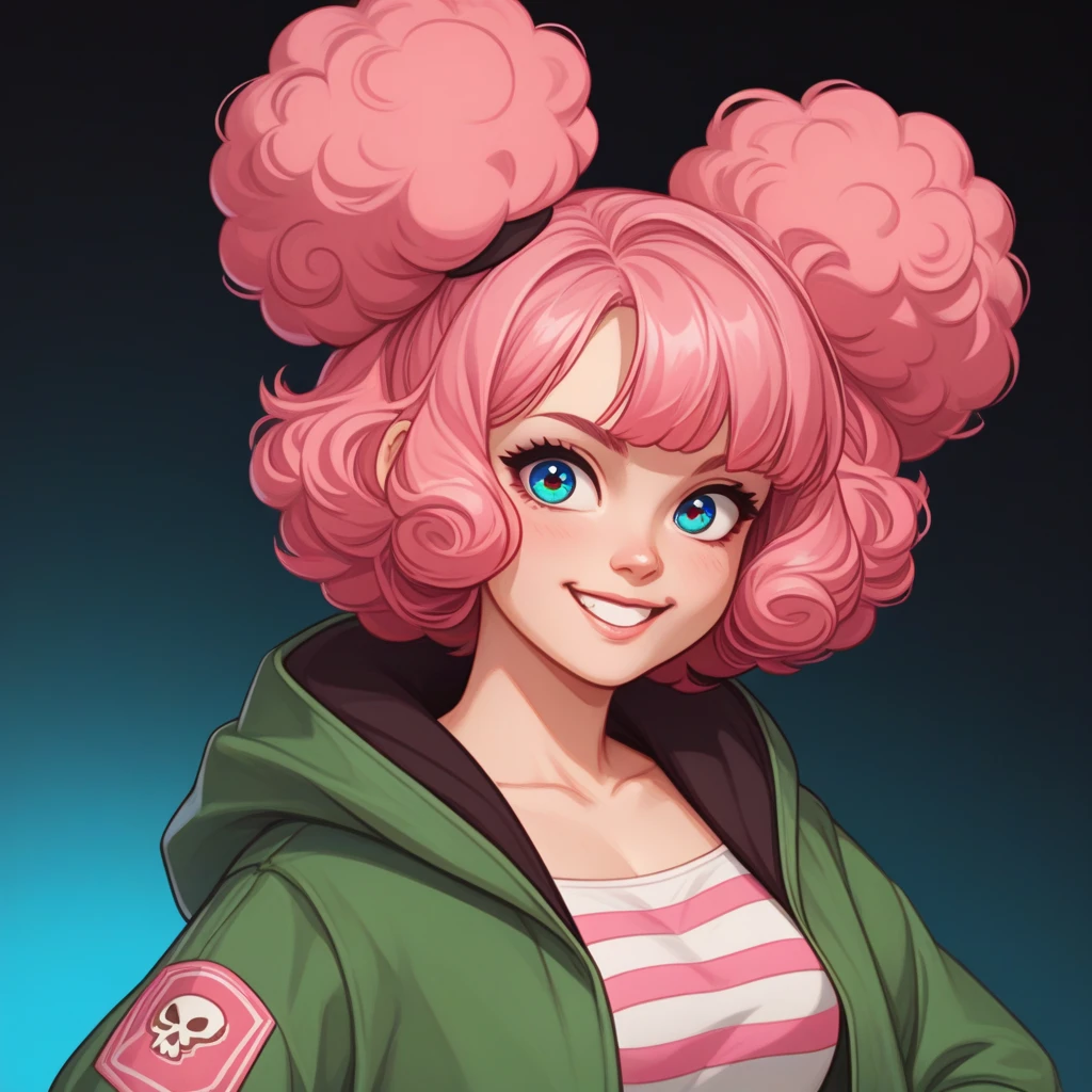 A vibrant digital illustration of a stylish young woman with a confident and friendly demeanor. She has voluminous symmetrical afro puffs, secured with pink hair ties, and expressive, large eyes with a light smile. The outfit includes an oversized green bomber jacket with pink stripes on the right sleeve and a white skull emblem on the left chest, paired with a form-fitting pink dress or top. Her pose is casual, with one hand in her jacket pocket, exuding a relaxed attitude. The background is a clean, solid light blue that enhances the character's vibrant colors. The art style is modern, with smooth lines, vibrant colors, and subtle shading for depth, inspired by contemporary comic or animation aesthetics.
