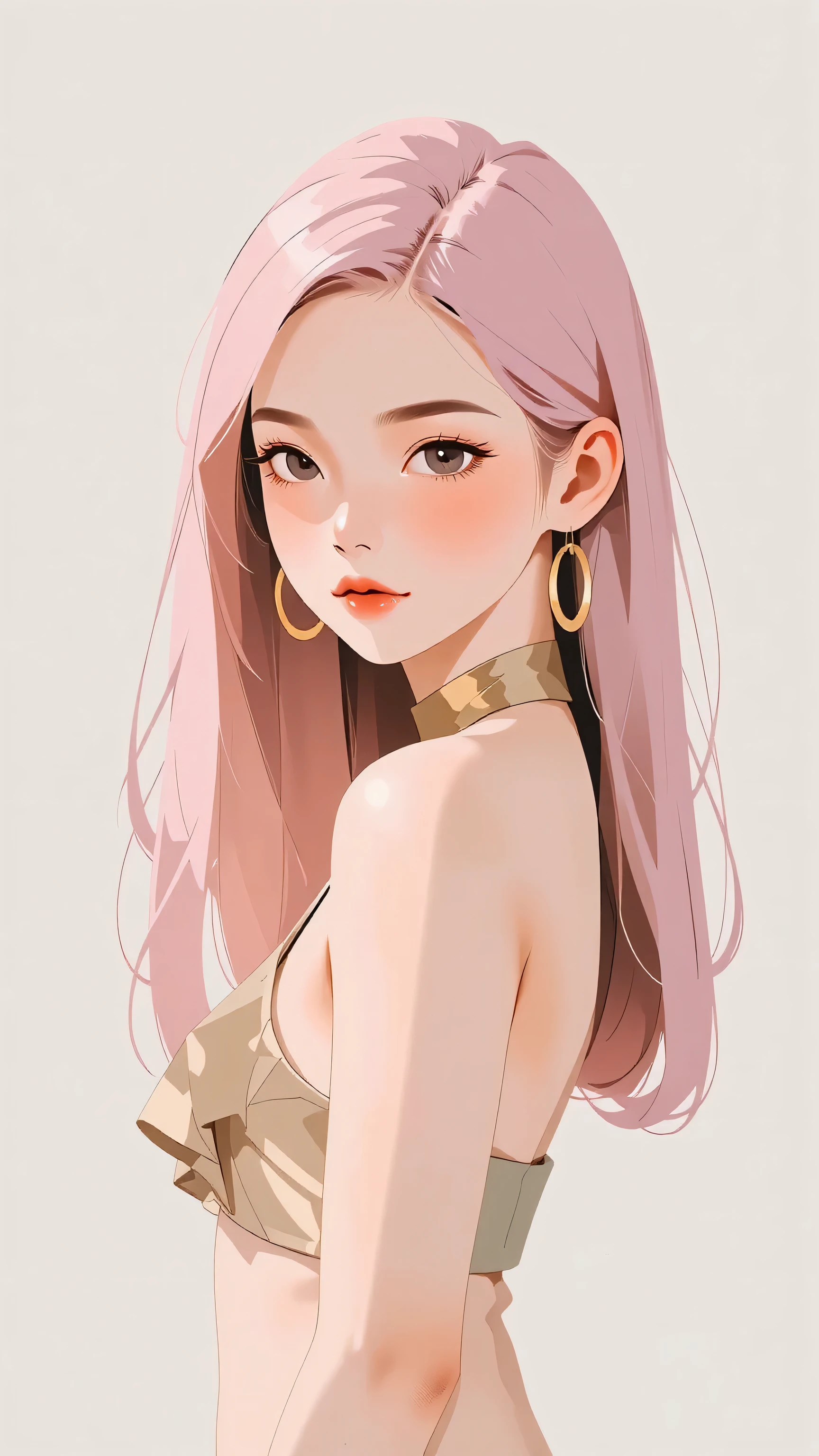 young asian girl, tall, slender, flat chest, femboy, pink hair, gold metallic micro bikini, gold eyes, gold jewelry, facing foward, straight on,