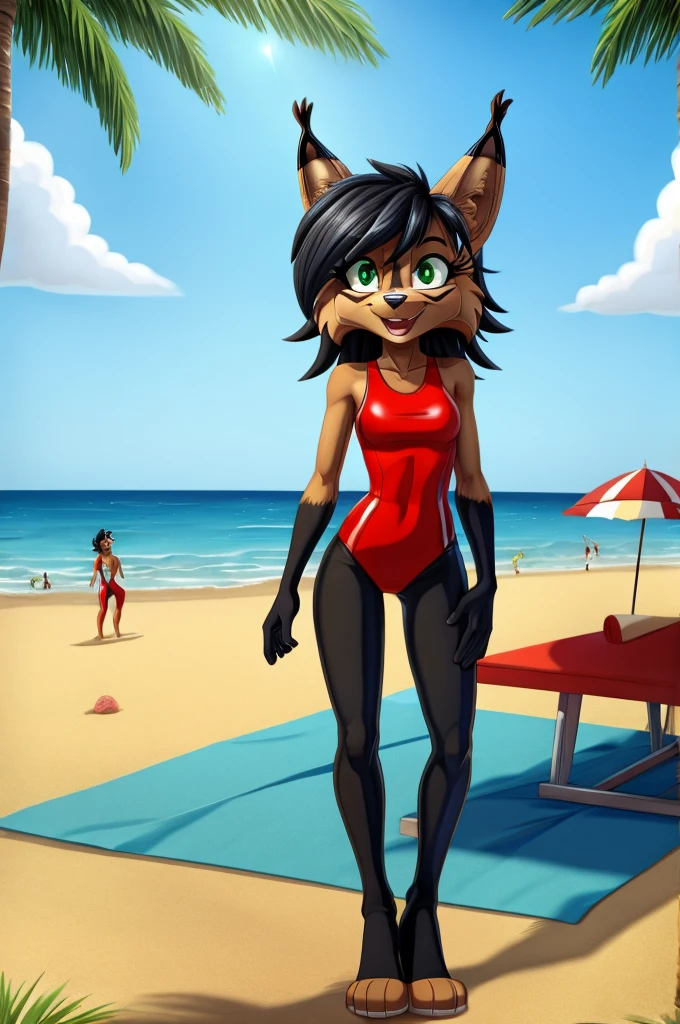 Lynx cartoon girl full length slim skinny in a red tight lycra swimsuit on the beach with a happy face black hair green eyes big feet